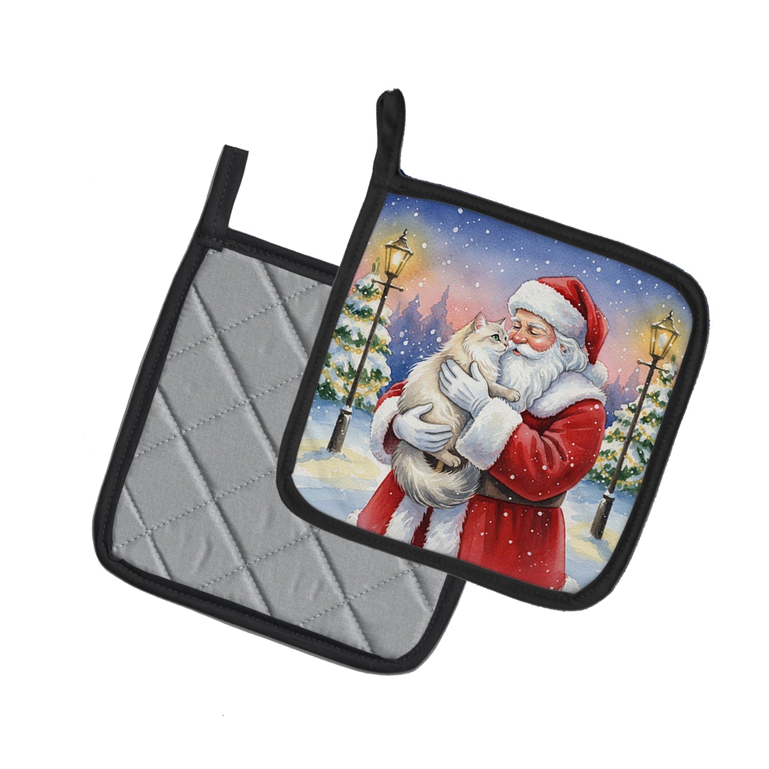 Burmilla Cat with Santa Claus Pot Holder Set of 2 Heat Resistant Quilted Hot Pads 7.5 x 7.5 Inch, Insulated Kitchen Trivets for Cooking & Baking