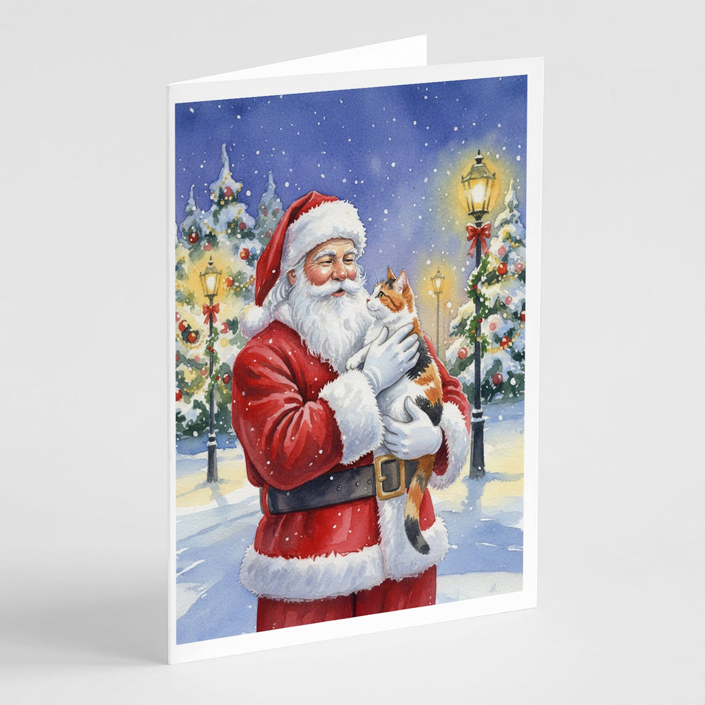Calico Cat with Santa Claus Greeting Cards Pack of 8 Blank Cards with Envelopes Whimsical A7 Size 5x7
