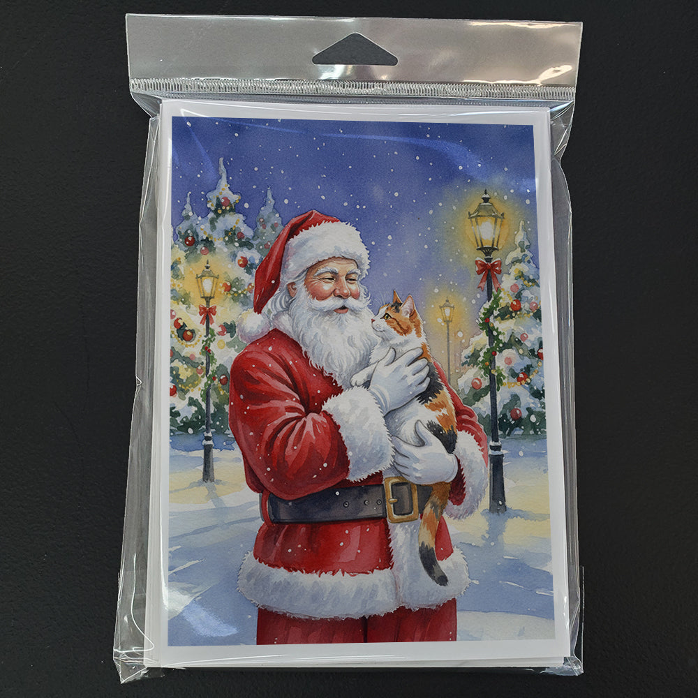 Calico Cat with Santa Claus Greeting Cards Pack of 8 Blank Cards with Envelopes Whimsical A7 Size 5x7