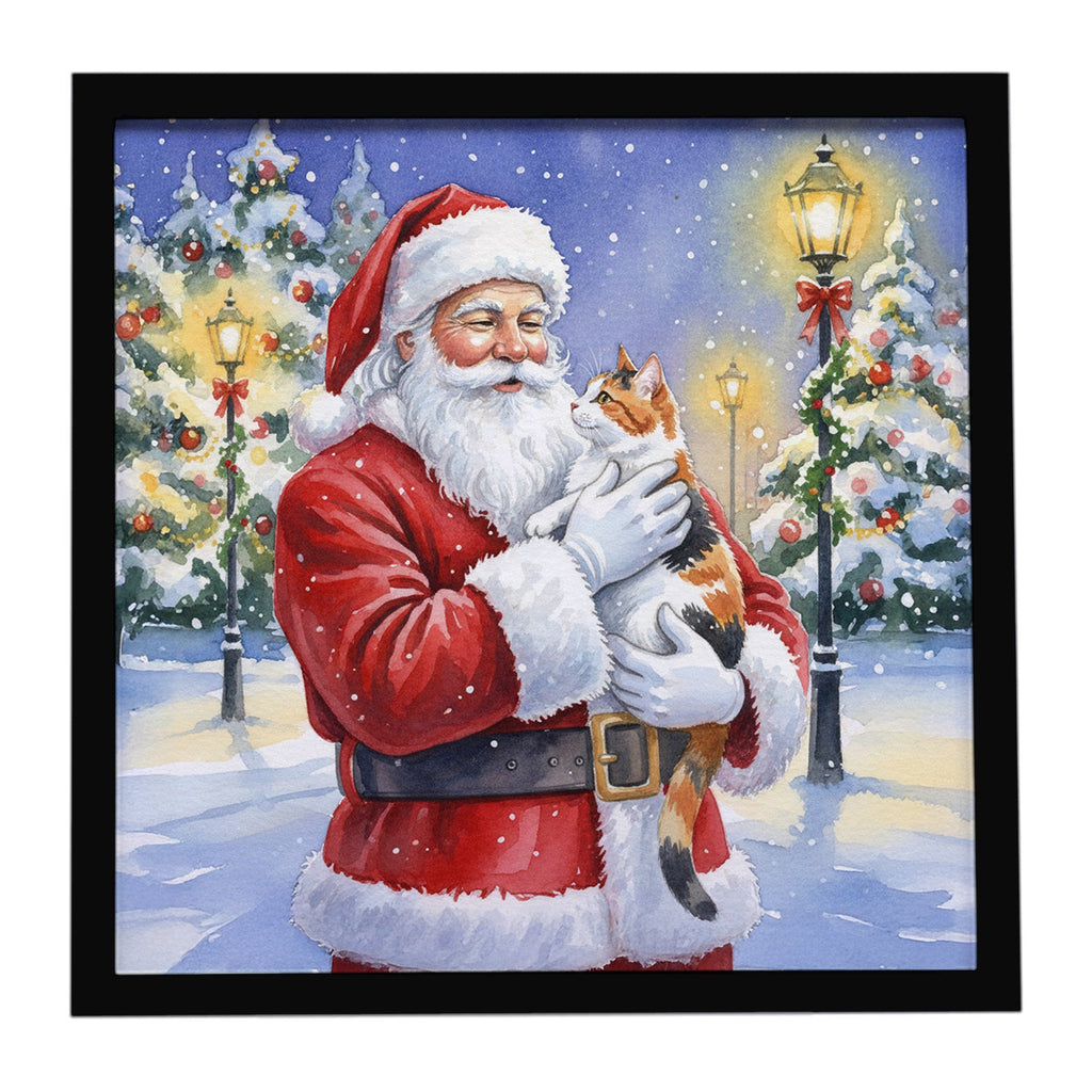Calico Cat with Santa Claus Framed Metal Print Bathroom, Kitchen, Office, Home Decor Wall Art Ready to Hang, Square, 8X8