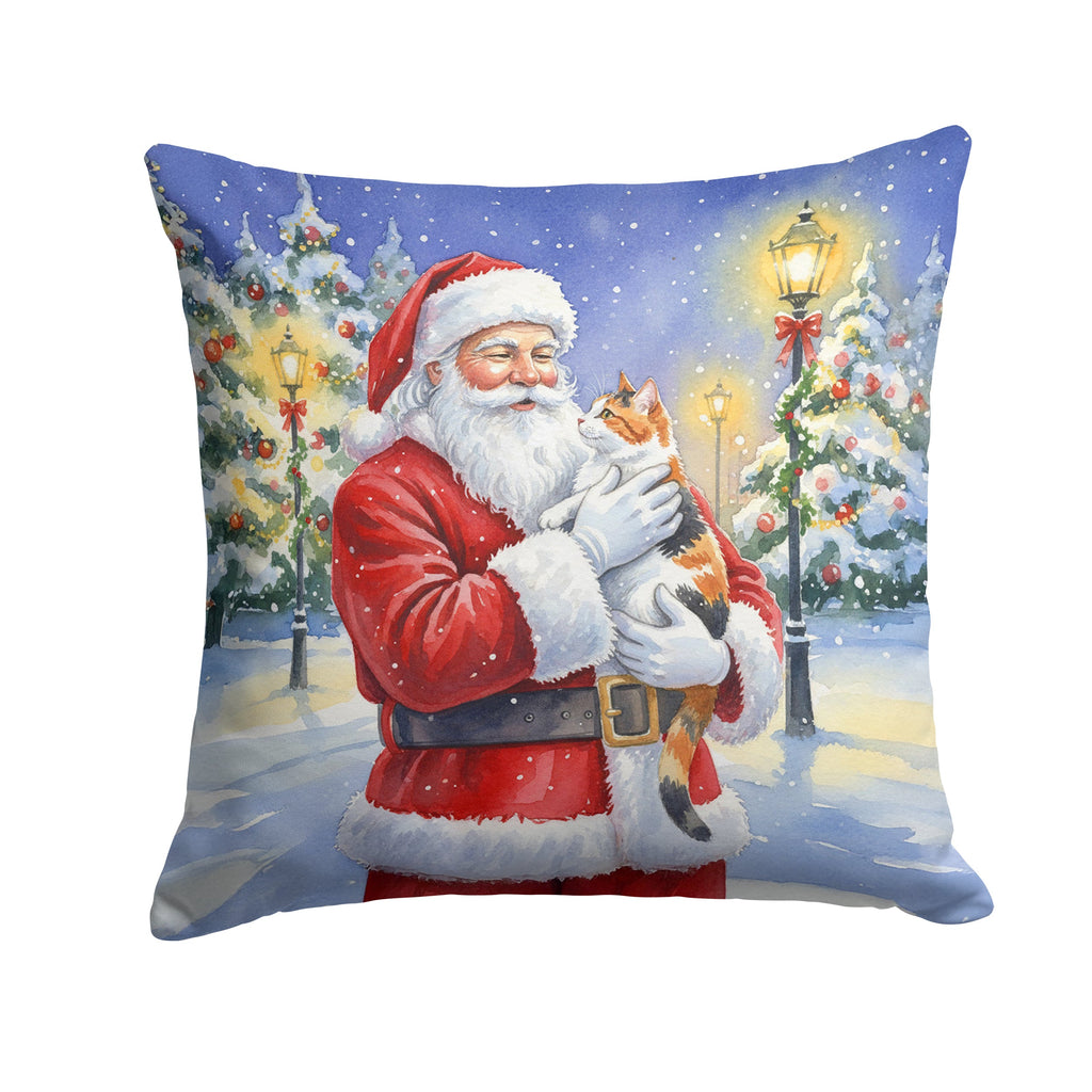 Calico Cat with Santa Claus Decorative Throw Pillow 14x14 Indoor Outdoor Accent Cushion, Fabric Cover with Insert for Sofa, Bed, Porch & Living Room