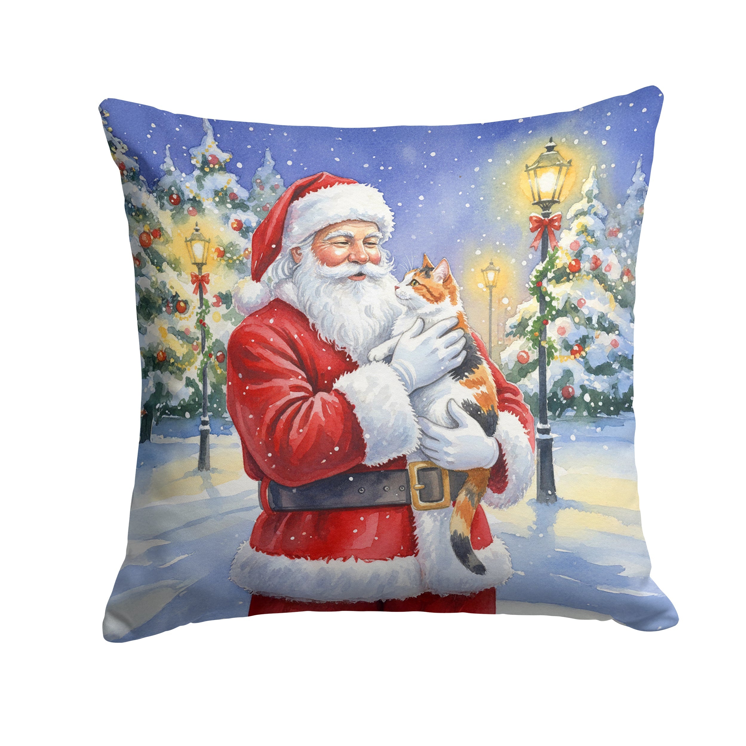 Calico Cat with Santa Claus Decorative Throw Pillow 18x18 Indoor Outdoor Accent Cushion, Fabric Cover with Insert for Sofa, Bed, Porch & Living Room