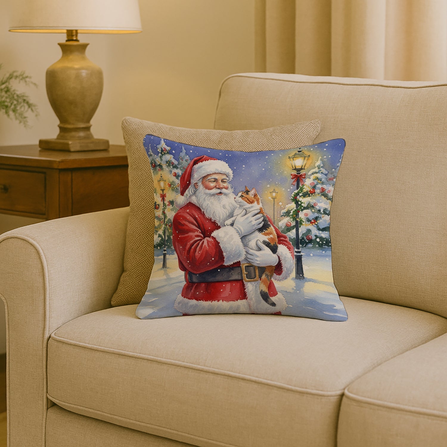 Calico Cat with Santa Claus Decorative Throw Pillow 18x18 Indoor Outdoor Accent Cushion, Fabric Cover with Insert for Sofa, Bed, Porch & Living Room