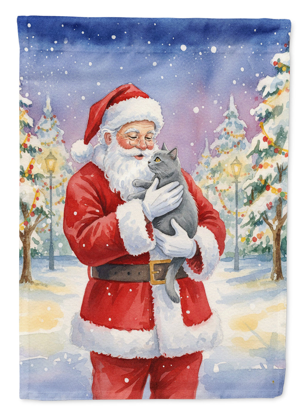 Chartreux Cat with Santa Claus House Flag 28x40 Porch Sleeve Pole Decorative Outside Yard Banner Artwork Wall Hanging, Polyester