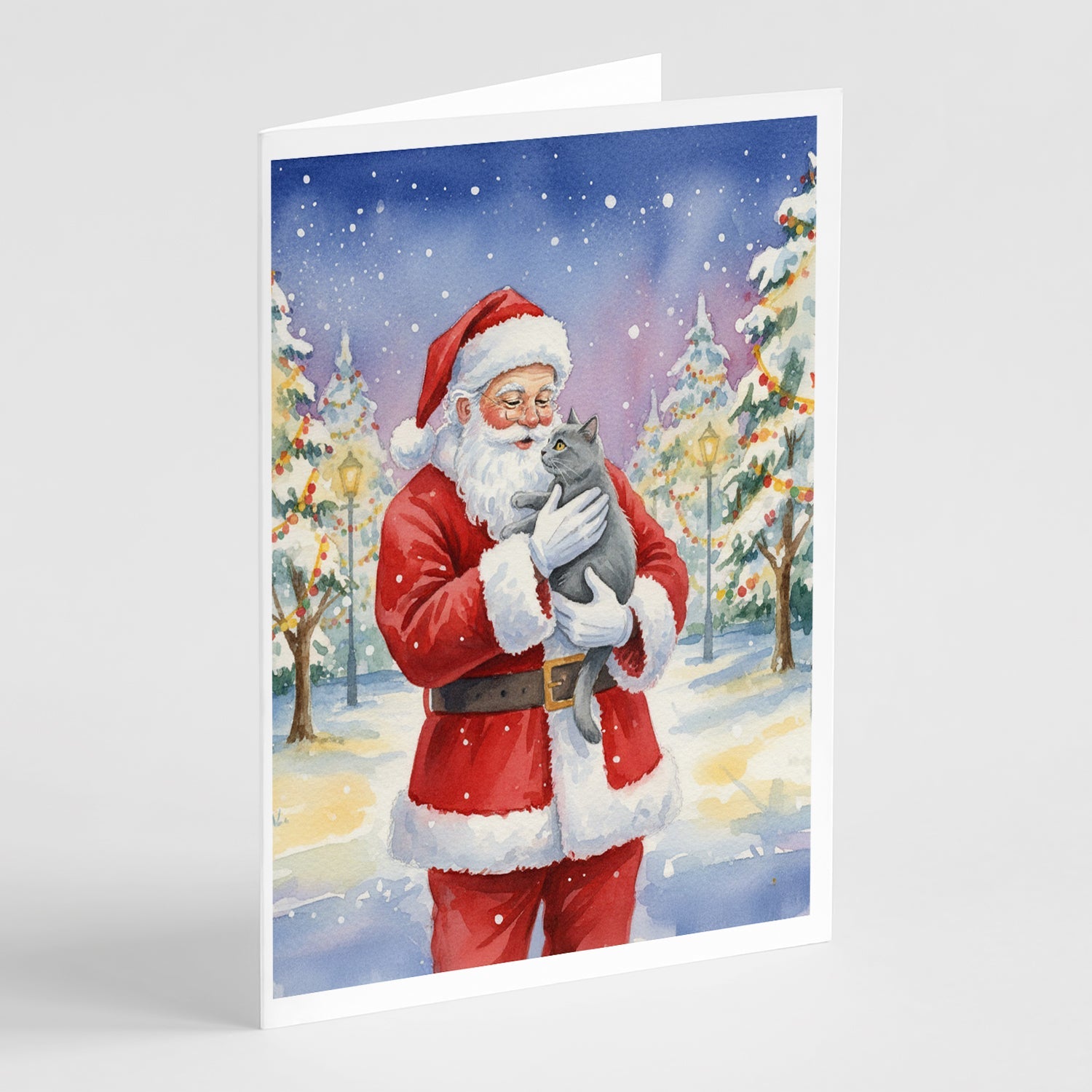 Chartreux Cat with Santa Claus Greeting Cards Pack of 8 Blank Cards with Envelopes Whimsical A7 Size 5x7