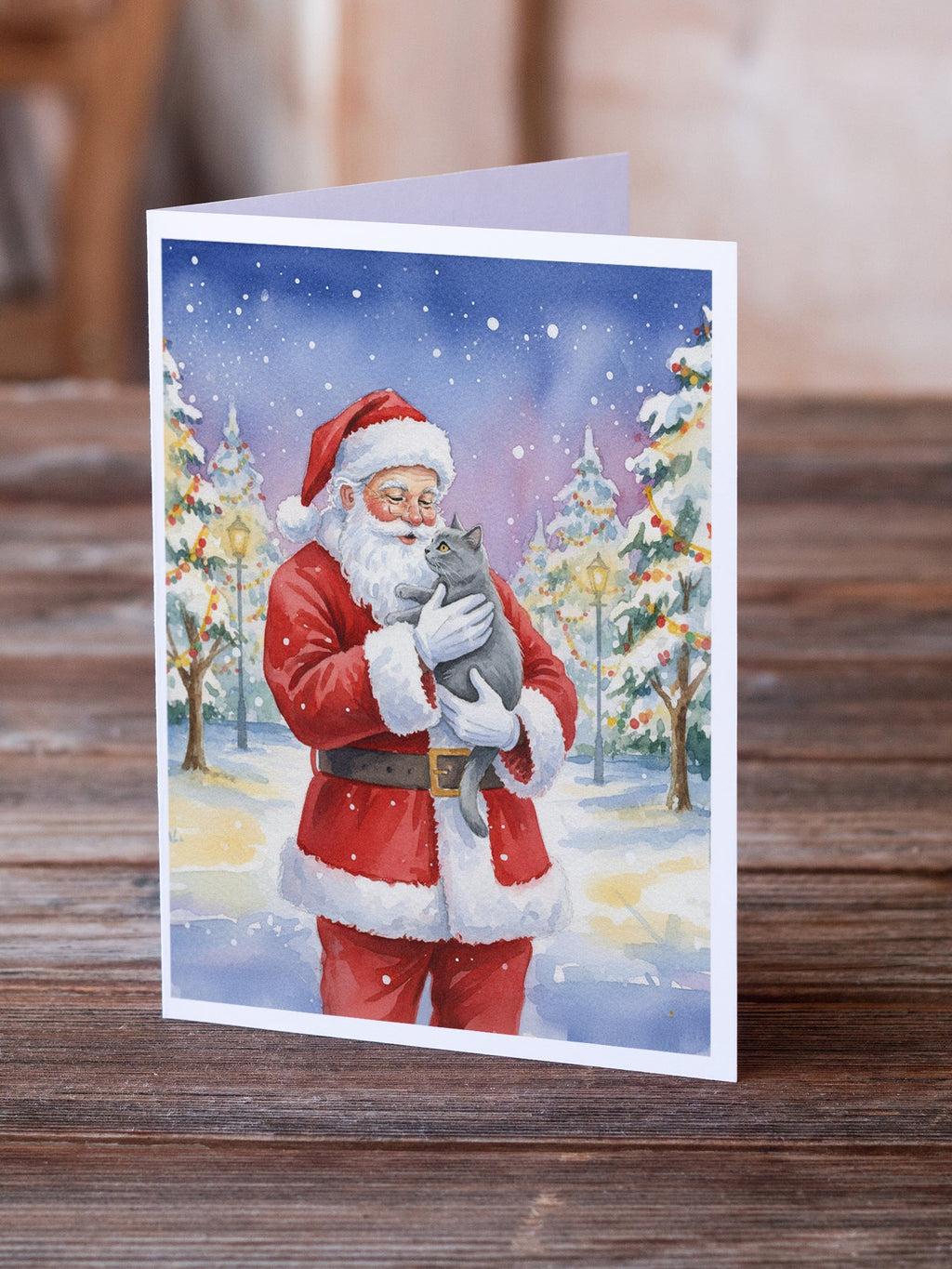Chartreux Cat with Santa Claus Greeting Cards Pack of 8 Blank Cards with Envelopes Whimsical A7 Size 5x7