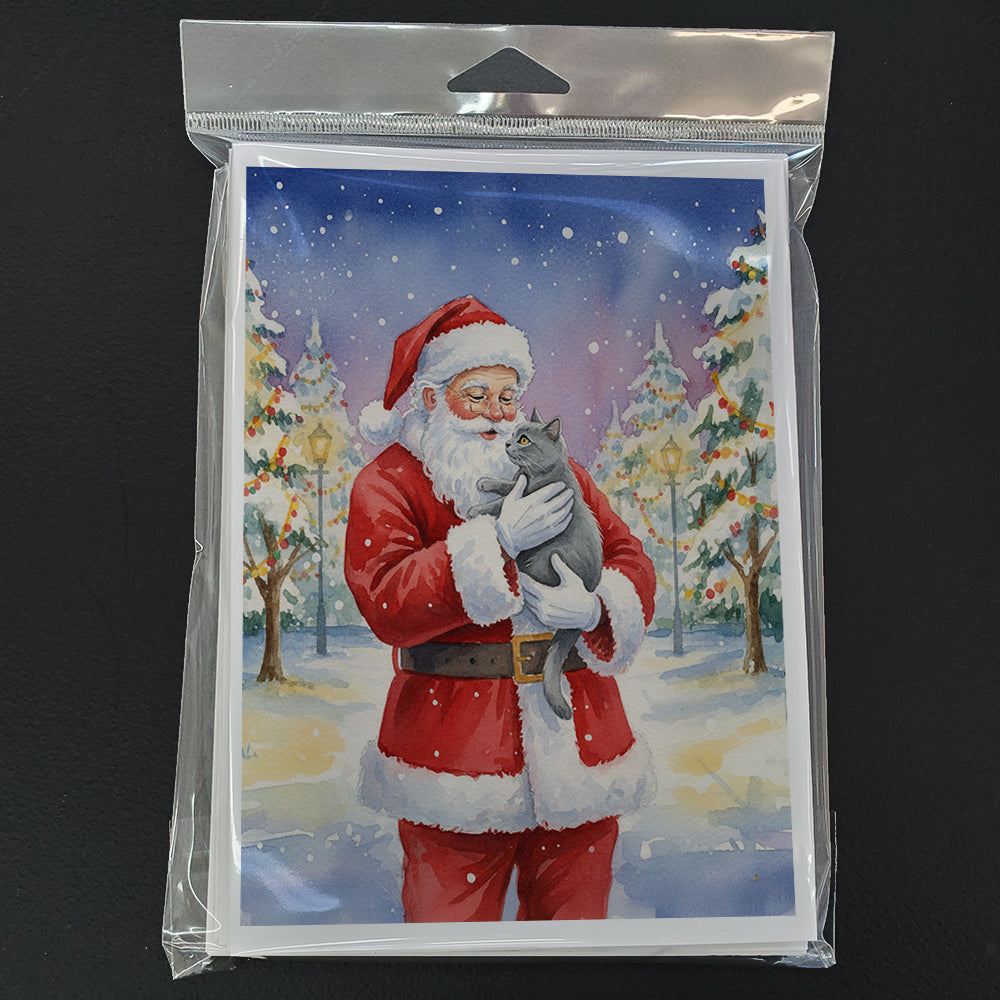 Chartreux Cat with Santa Claus Greeting Cards Pack of 8 Blank Cards with Envelopes Whimsical A7 Size 5x7