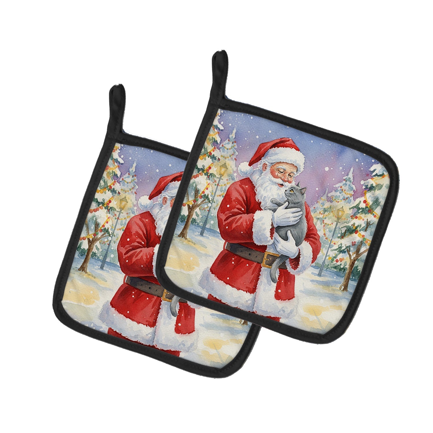 Chartreux Cat with Santa Claus Pot Holder Set of 2 Heat Resistant Quilted Hot Pads 7.5 x 7.5 Inch, Insulated Kitchen Trivets for Cooking & Baking