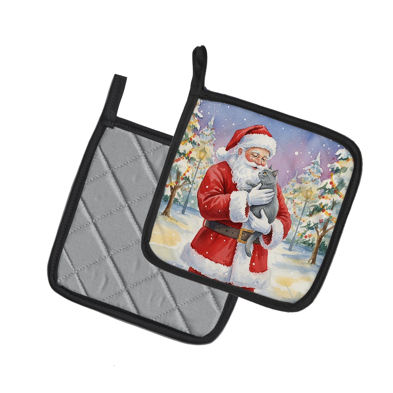 Chartreux Cat with Santa Claus Pot Holder Set of 2 Heat Resistant Quilted Hot Pads 7.5 x 7.5 Inch, Insulated Kitchen Trivets for Cooking & Baking