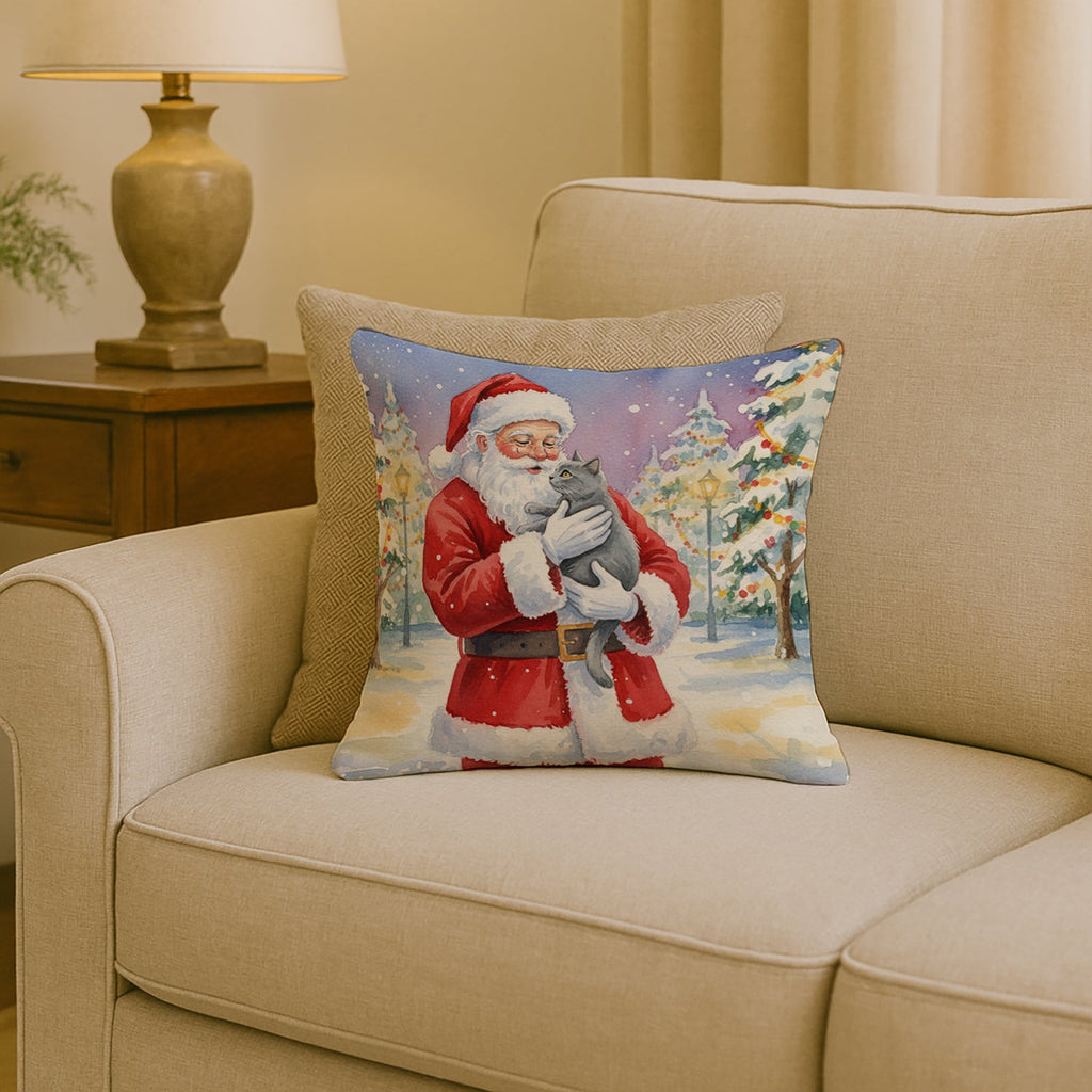 Chartreux Cat with Santa Claus Decorative Throw Pillow 18x18 Indoor Outdoor Accent Cushion, Fabric Cover with Insert for Sofa, Bed, Porch & Living Room