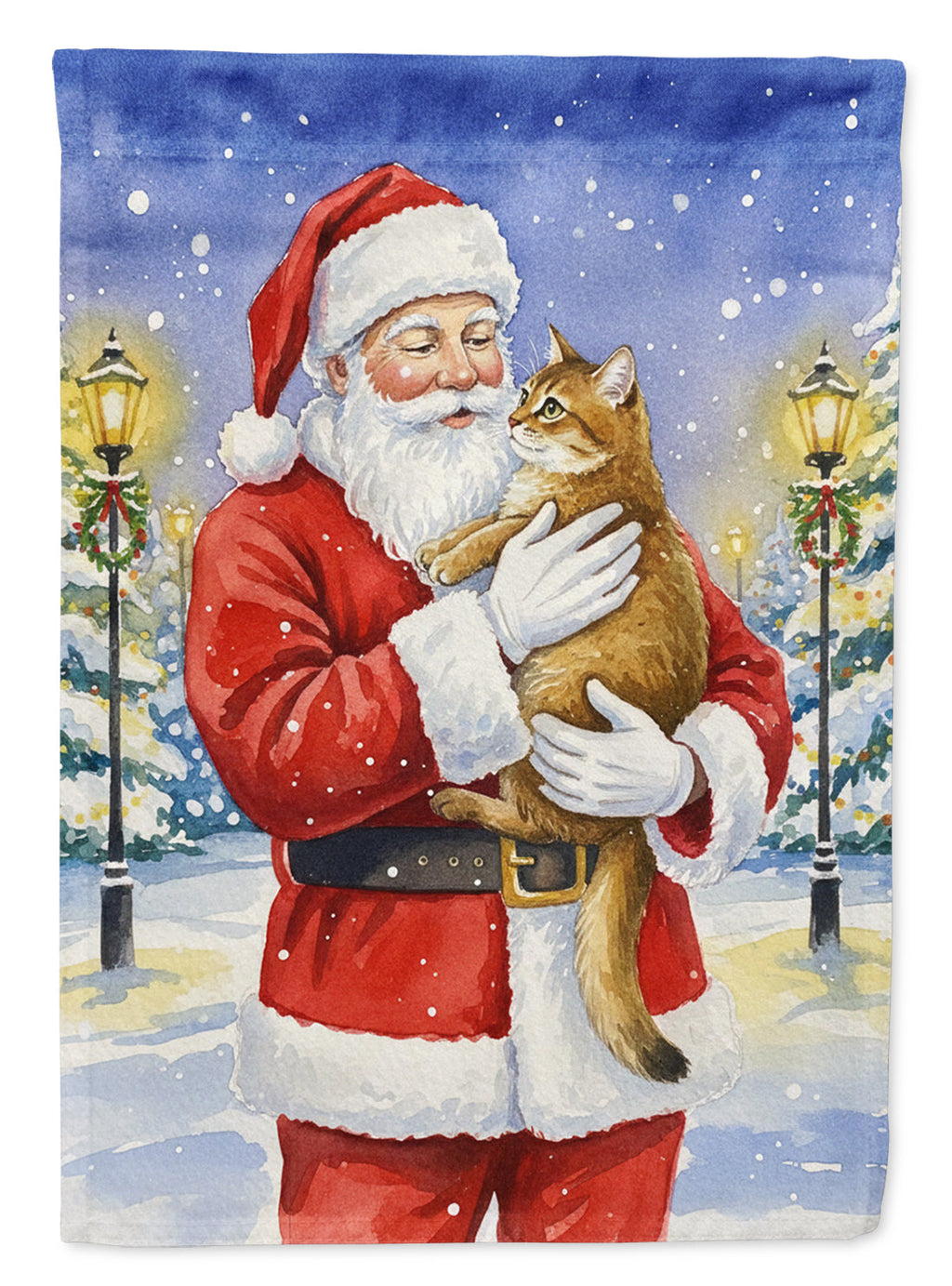 Chausie Cat with Santa Claus House Flag 28x40 Porch Sleeve Pole Decorative Outside Yard Banner Artwork Wall Hanging, Polyester