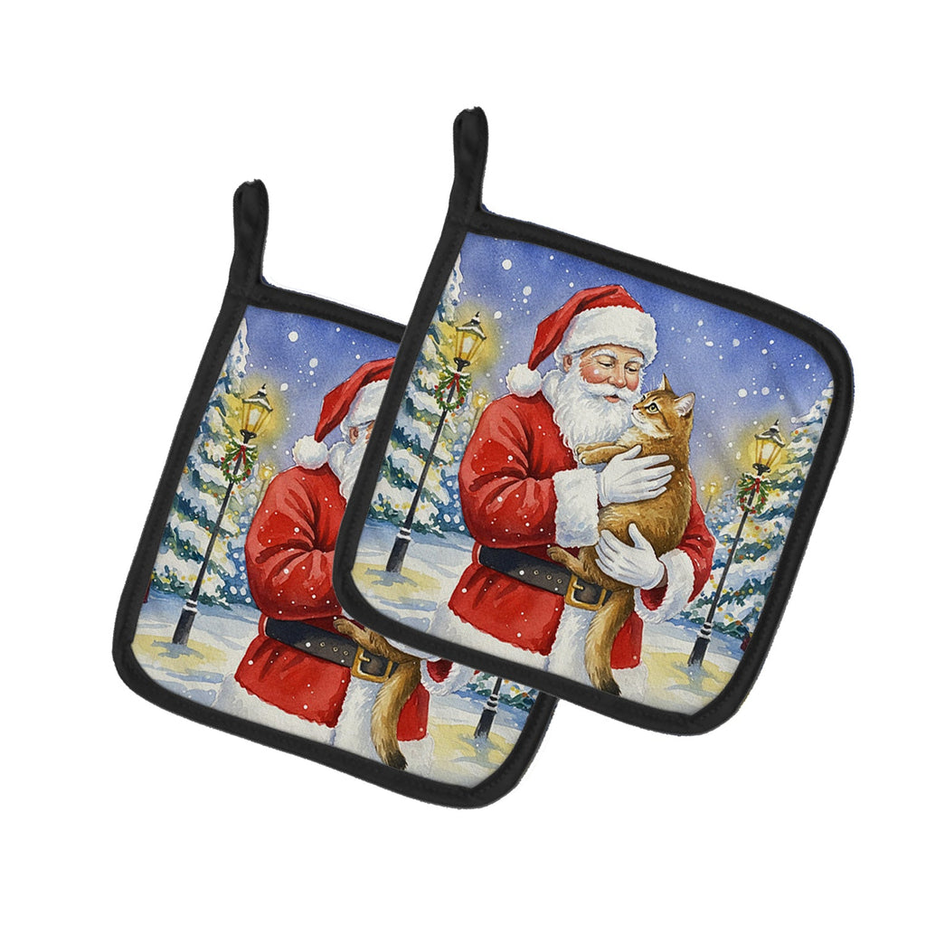 Chausie Cat with Santa Claus Pot Holder Set of 2 Heat Resistant Quilted Hot Pads 7.5 x 7.5 Inch, Insulated Kitchen Trivets for Cooking & Baking