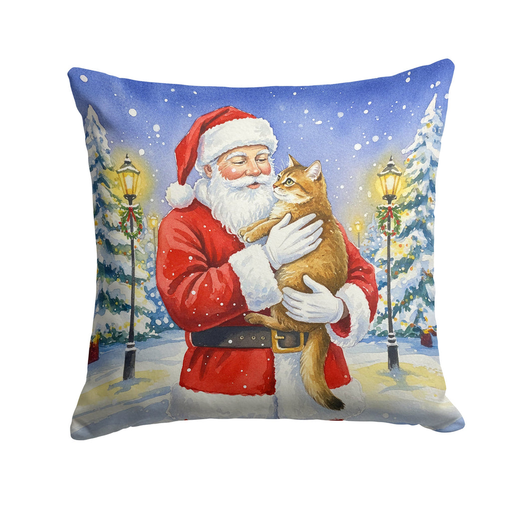 Chausie Cat with Santa Claus Decorative Throw Pillow 14x14 Indoor Outdoor Accent Cushion, Fabric Cover with Insert for Sofa, Bed, Porch & Living Room