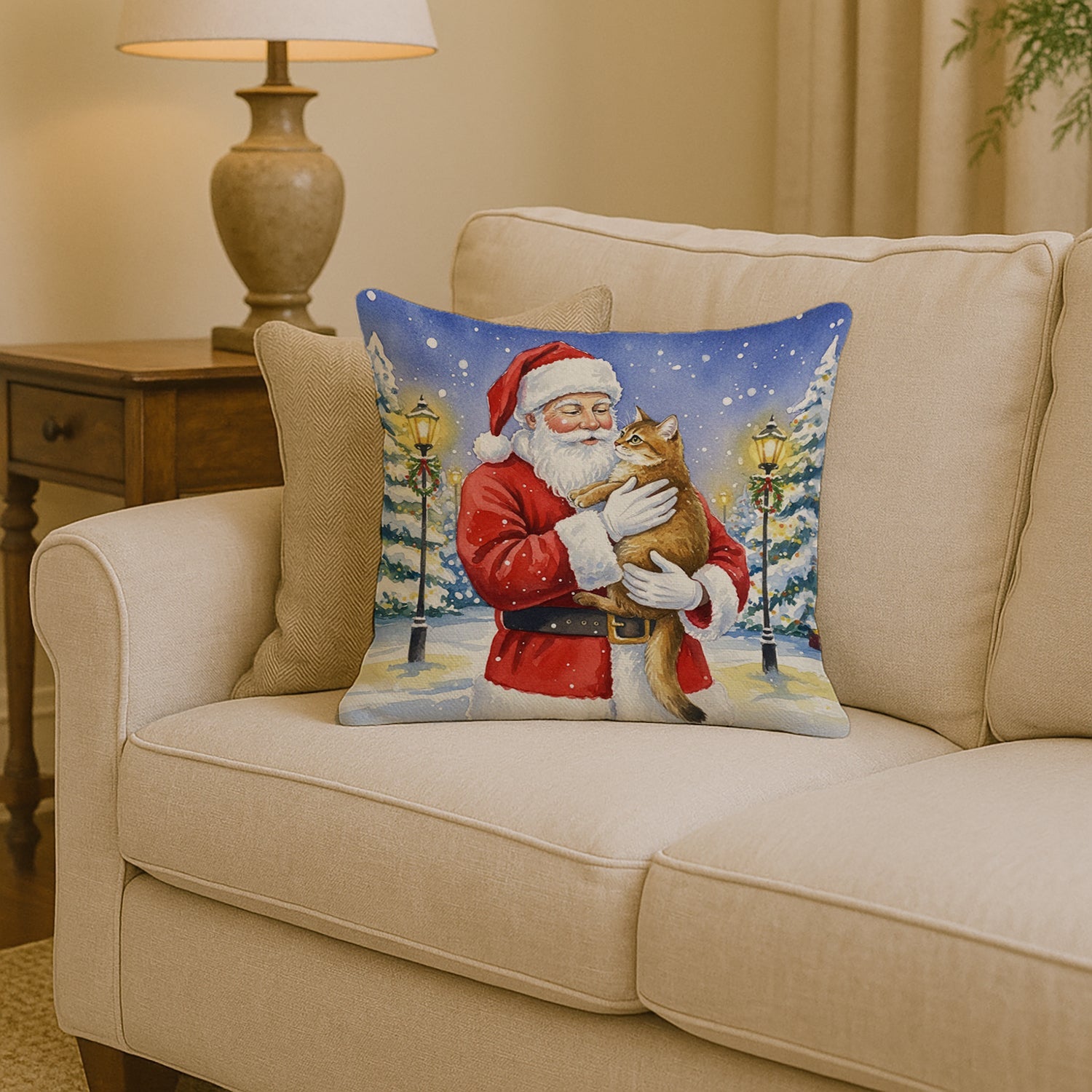 Chausie Cat with Santa Claus Decorative Throw Pillow 14x14 Indoor Outdoor Accent Cushion, Fabric Cover with Insert for Sofa, Bed, Porch & Living Room