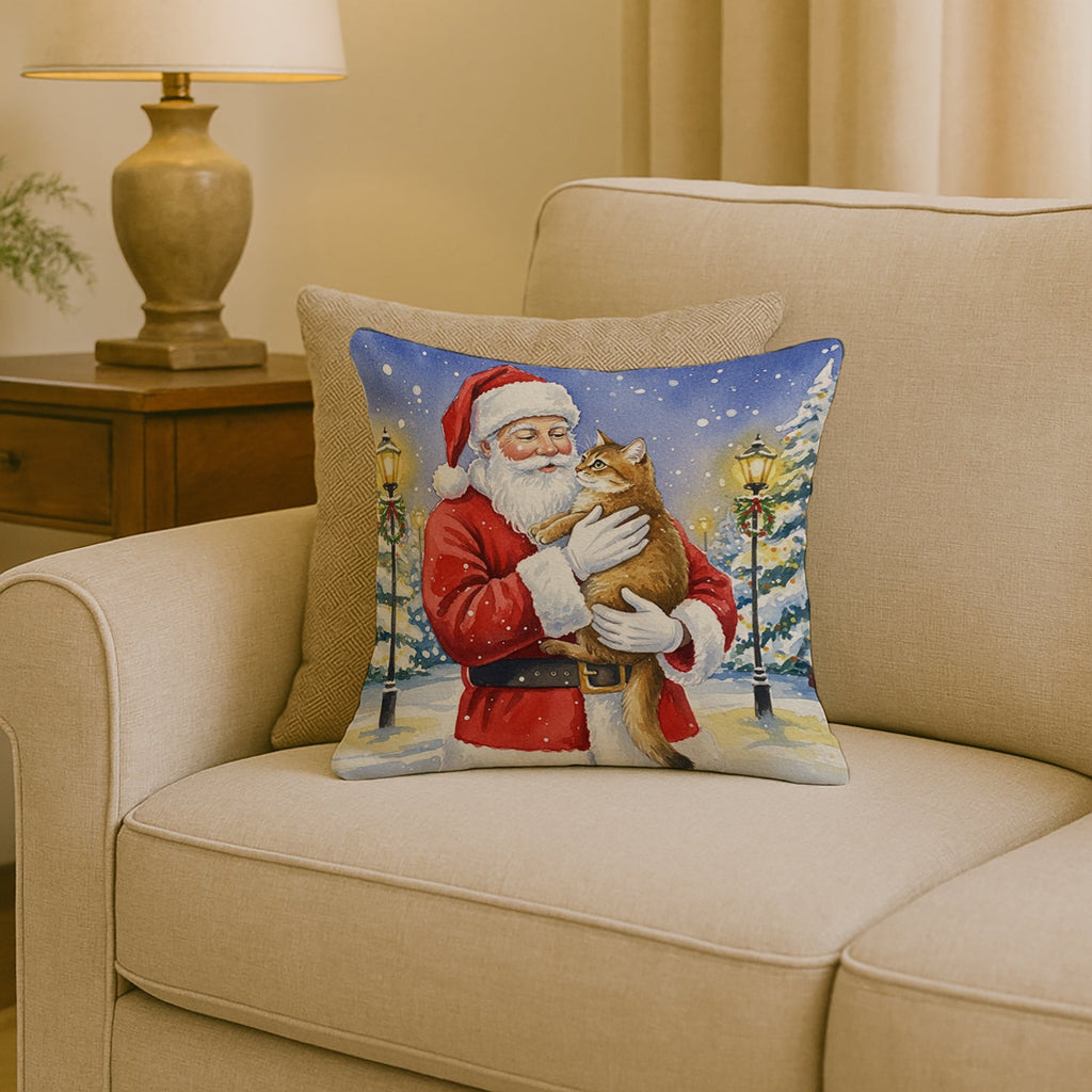 Chausie Cat with Santa Claus Decorative Throw Pillow 18x18 Indoor Outdoor Accent Cushion, Fabric Cover with Insert for Sofa, Bed, Porch & Living Room