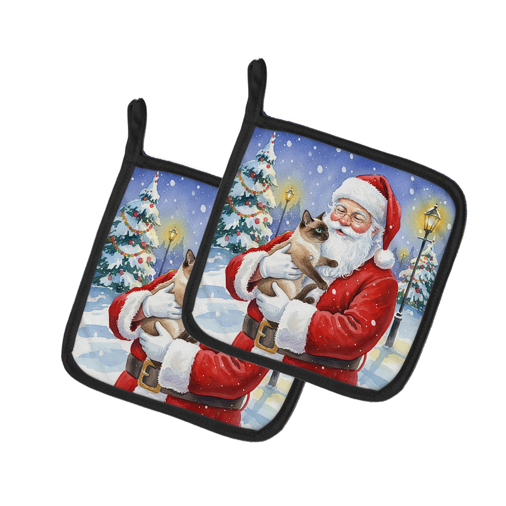 Chocolate Point Cat with Santa Claus Pot Holder Set of 2 Heat Resistant Quilted Hot Pads 7.5 x 7.5 Inch, Insulated Kitchen Trivets for Cooking & Baking