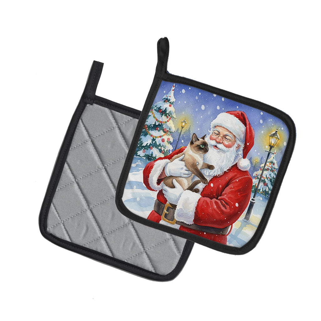 Chocolate Point Cat with Santa Claus Pot Holder Set of 2 Heat Resistant Quilted Hot Pads 7.5 x 7.5 Inch, Insulated Kitchen Trivets for Cooking & Baking
