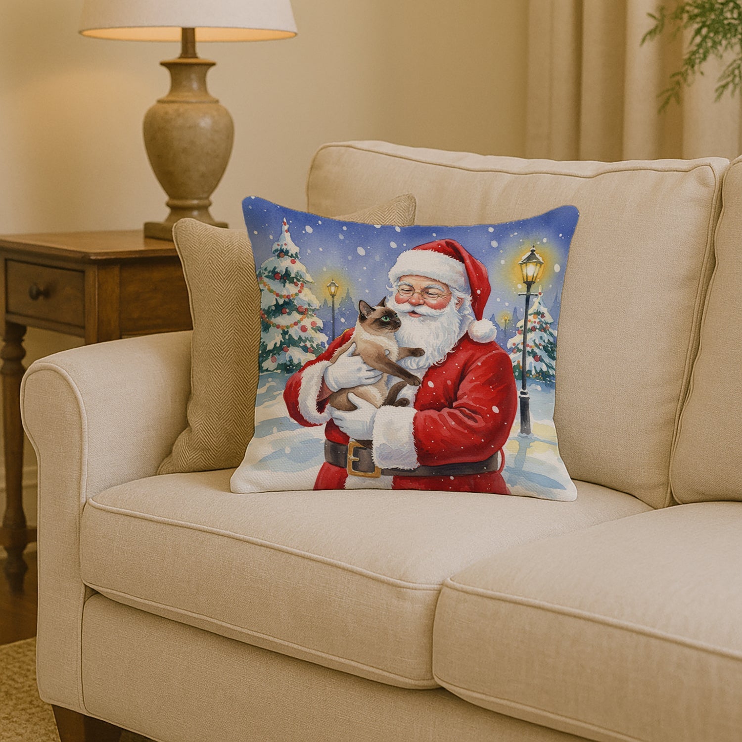 Chocolate Point Cat with Santa Claus Decorative Throw Pillow 14x14 Indoor Outdoor Accent Cushion, Fabric Cover with Insert for Sofa, Bed, Porch & Living Room