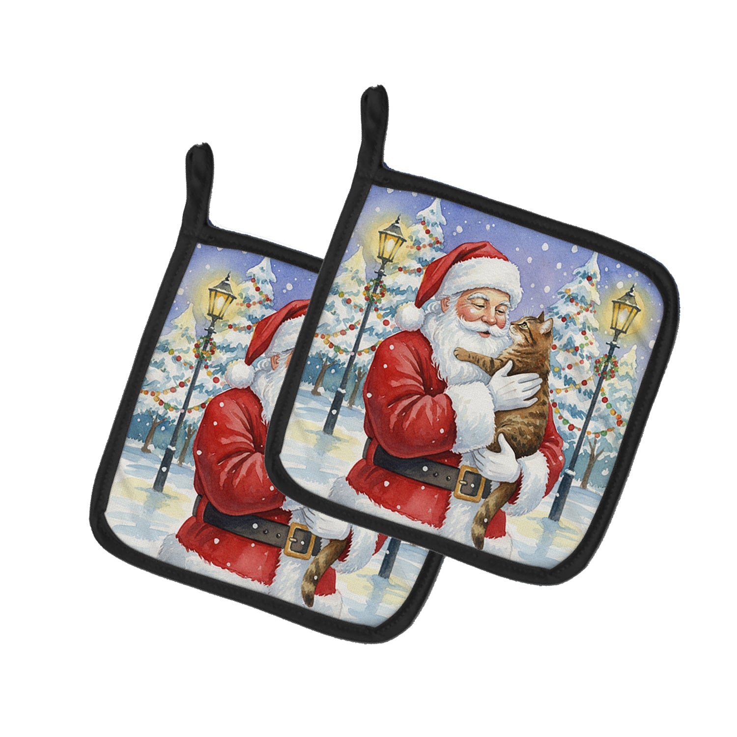Classic Tabby Brown Cat with Santa Claus Pot Holder Set of 2 Heat Resistant Quilted Hot Pads 7.5 x 7.5 Inch, Insulated Kitchen Trivets for Cooking & Baking