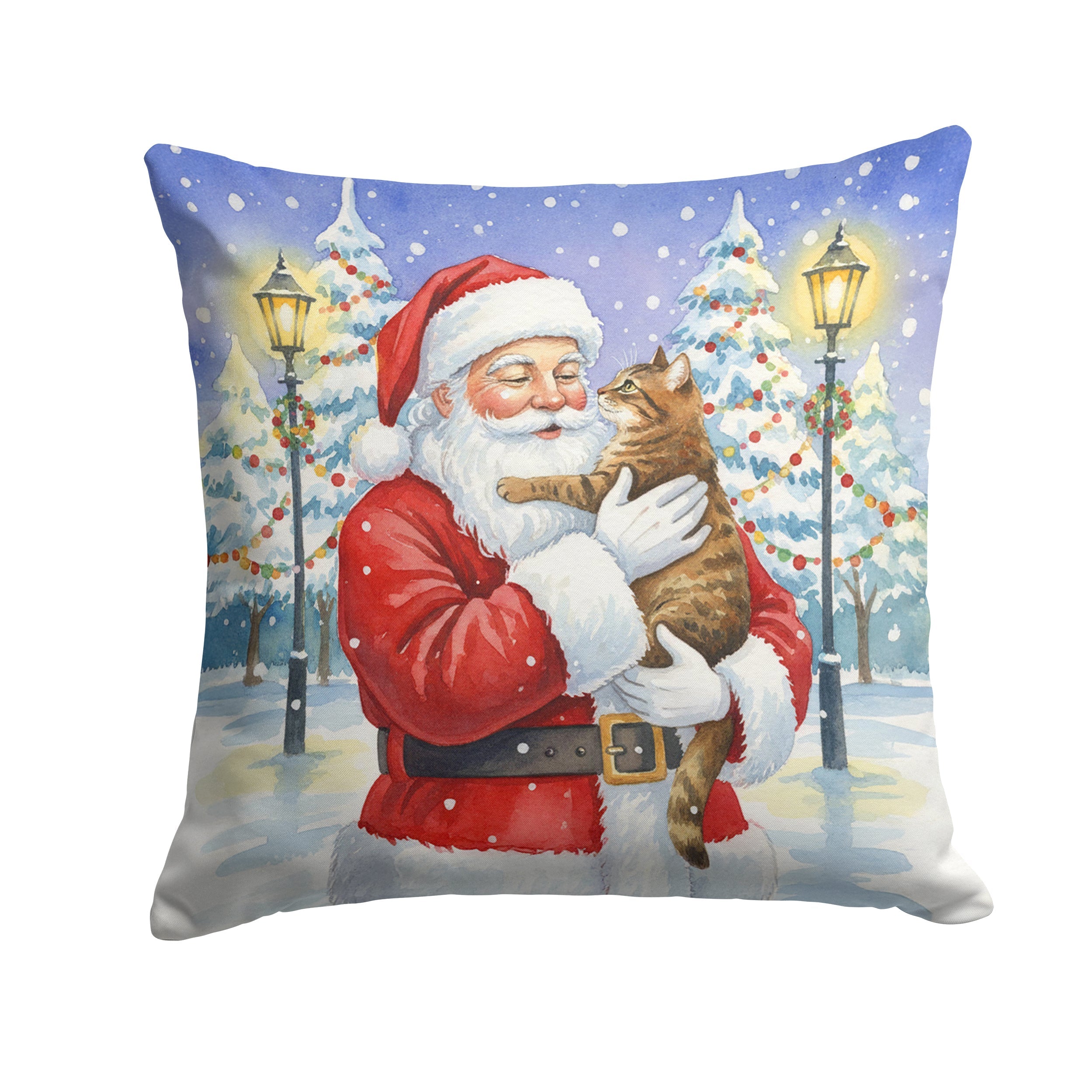 Classic Tabby Brown Cat with Santa Claus Decorative Throw Pillow 14x14 Indoor Outdoor Accent Cushion, Fabric Cover with Insert for Sofa, Bed, Porch & Living Room