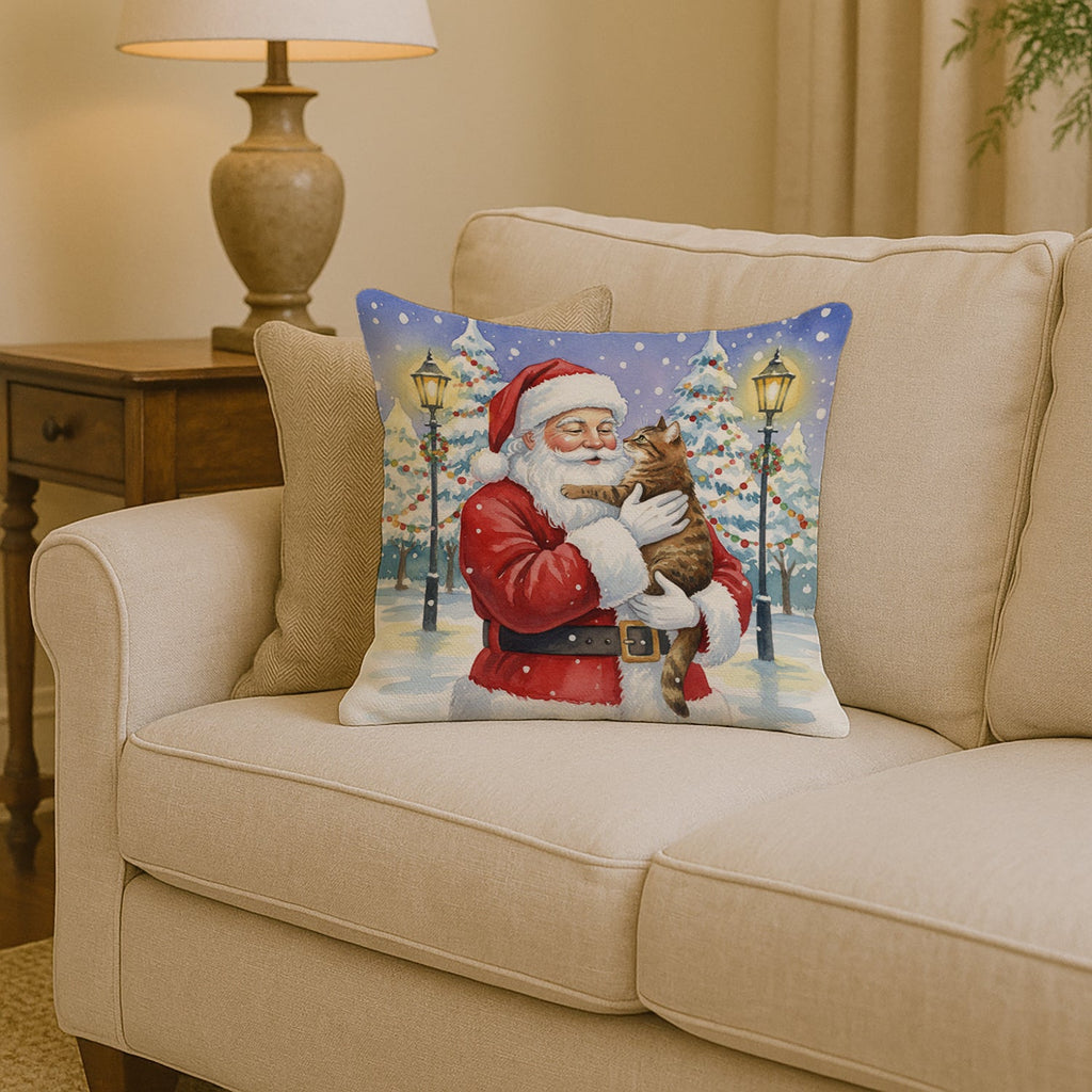 Classic Tabby Brown Cat with Santa Claus Decorative Throw Pillow 14x14 Indoor Outdoor Accent Cushion, Fabric Cover with Insert for Sofa, Bed, Porch & Living Room
