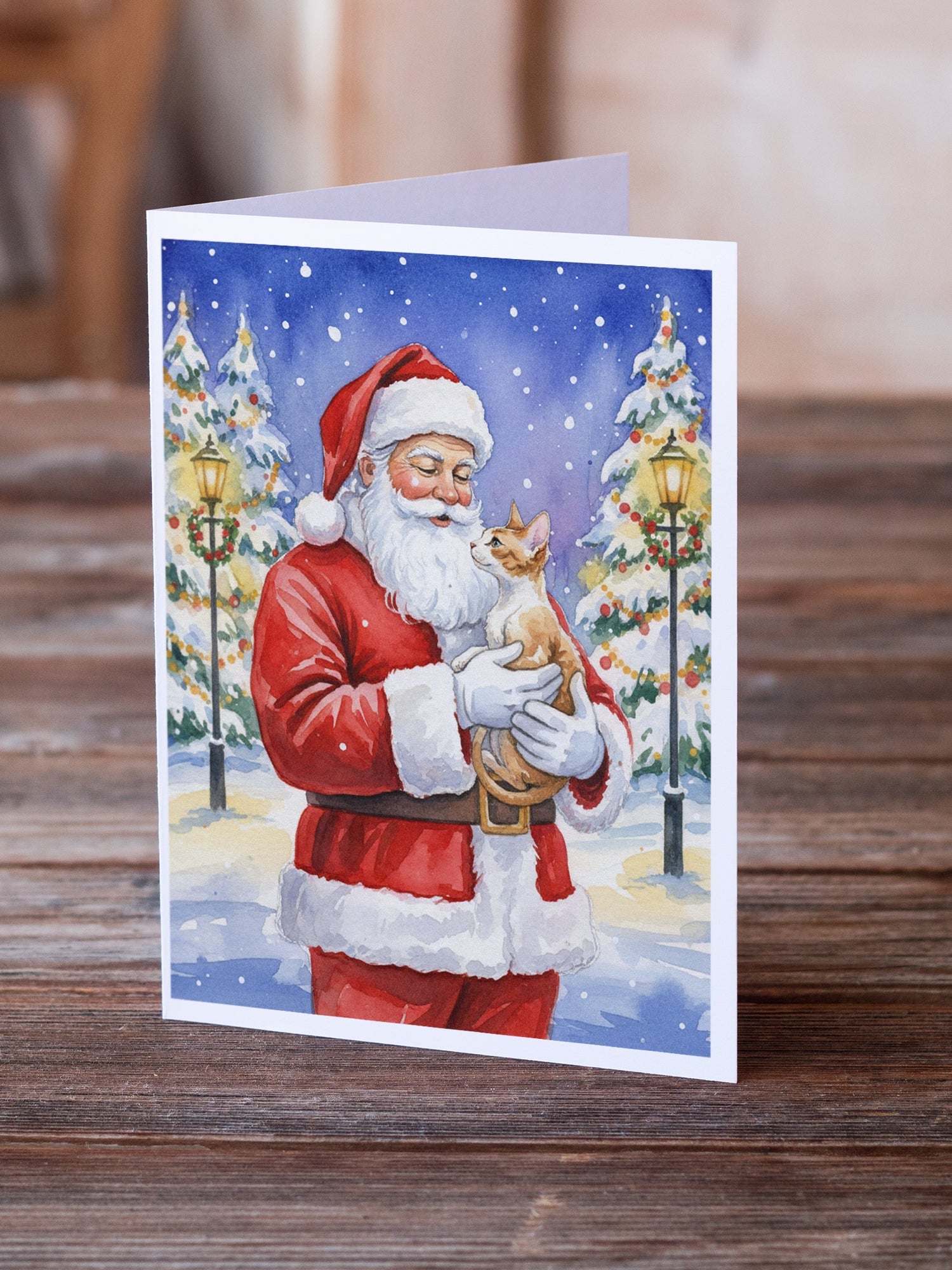 Cornish Rex Cat with Santa Claus Greeting Cards Pack of 8 Blank Cards with Envelopes Whimsical A7 Size 5x7