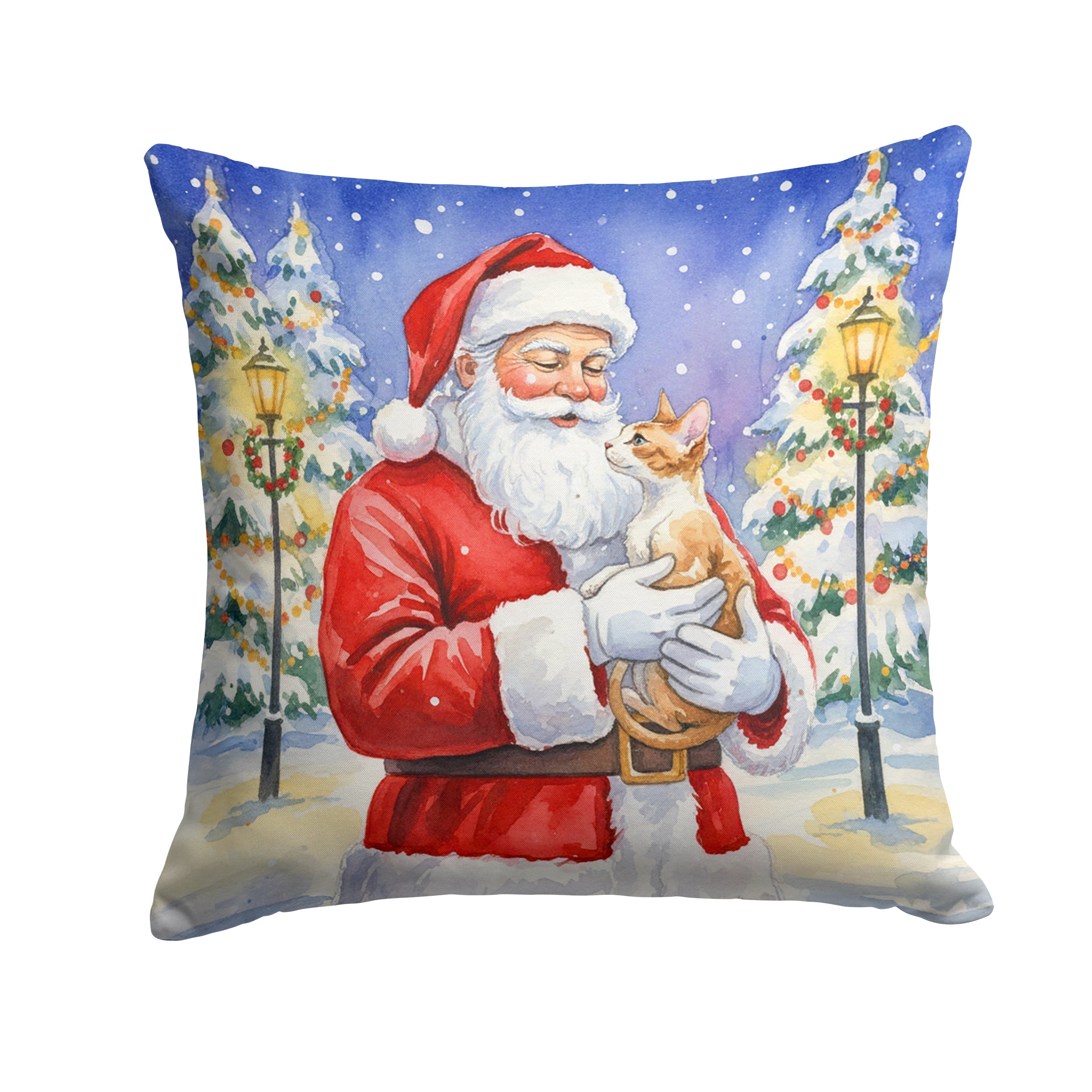 Cornish Rex Cat with Santa Claus Decorative Throw Pillow 18x18 Indoor Outdoor Accent Cushion, Fabric Cover with Insert for Sofa, Bed, Porch & Living Room