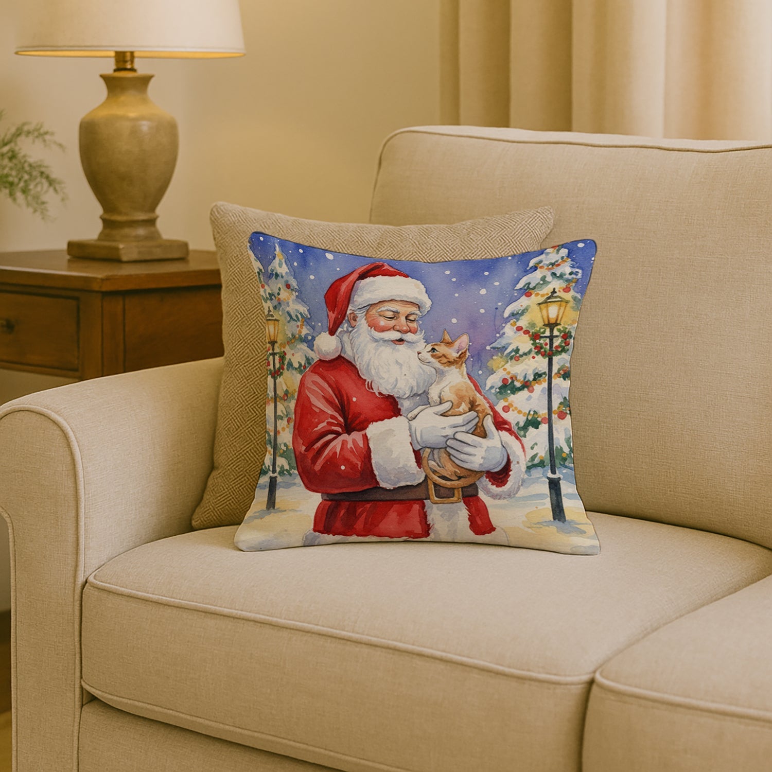 Cornish Rex Cat with Santa Claus Decorative Throw Pillow 18x18 Indoor Outdoor Accent Cushion, Fabric Cover with Insert for Sofa, Bed, Porch & Living Room