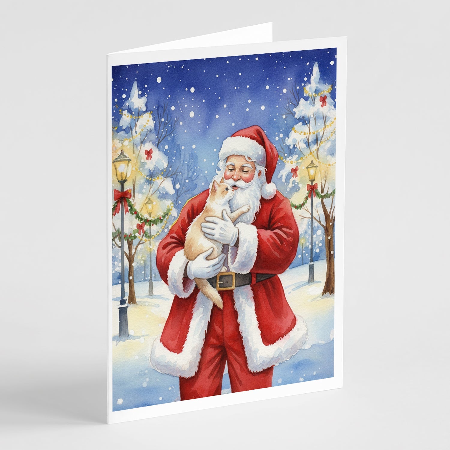 Cream and White Cat with Santa Claus Greeting Cards Pack of 8 Blank Cards with Envelopes Whimsical A7 Size 5x7