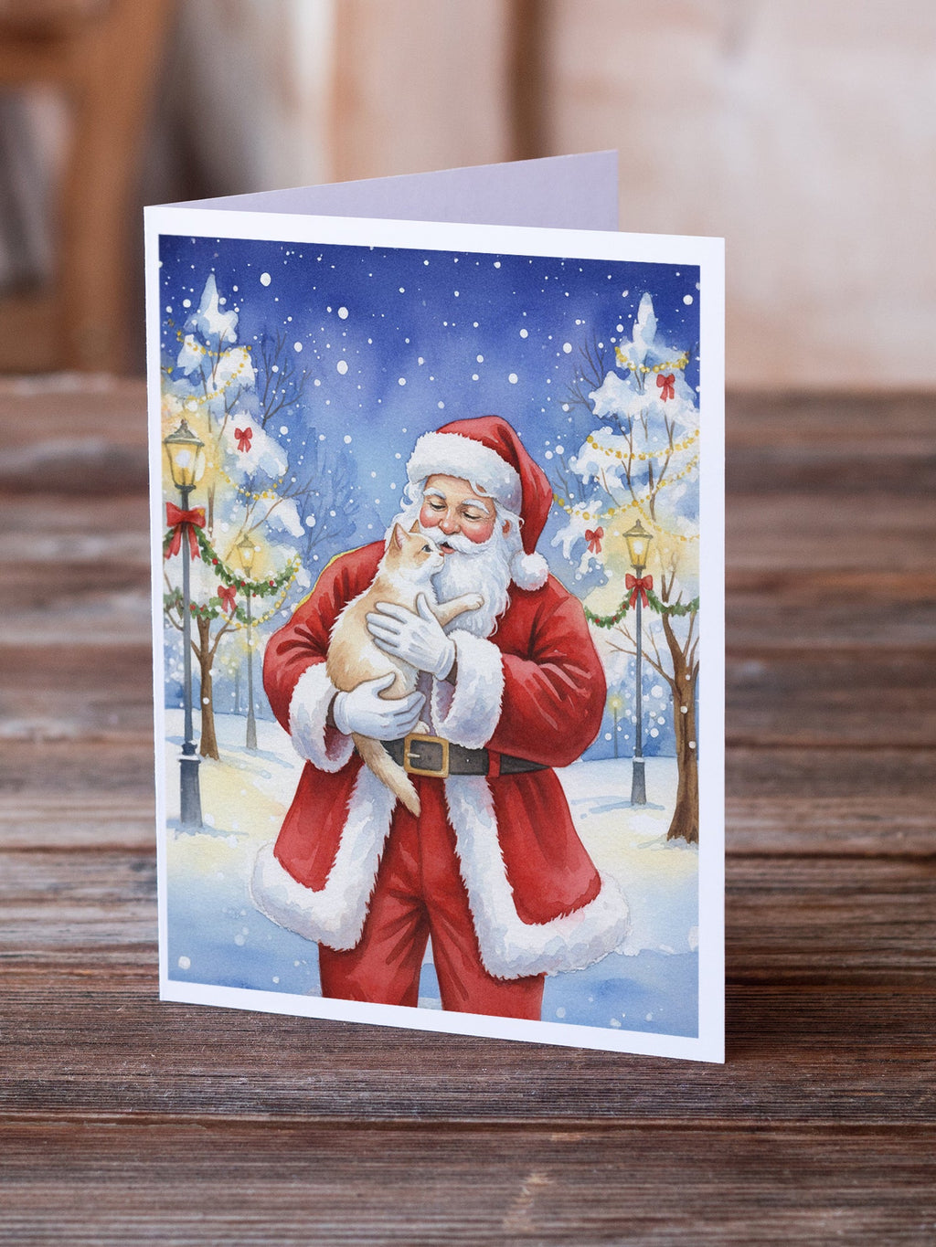 Cream and White Cat with Santa Claus Greeting Cards Pack of 8 Blank Cards with Envelopes Whimsical A7 Size 5x7