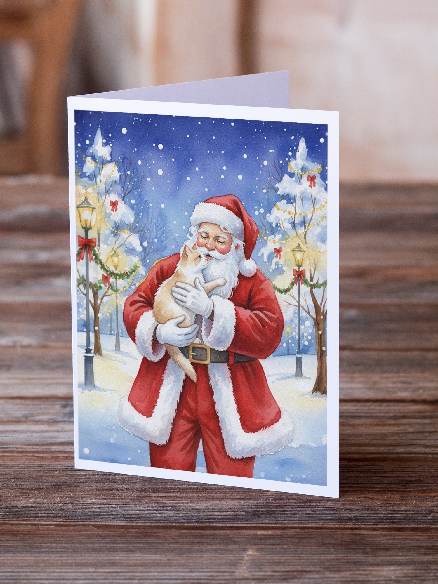 Cream and White Cat with Santa Claus Greeting Cards Pack of 8 Blank Cards with Envelopes Whimsical A7 Size 5x7