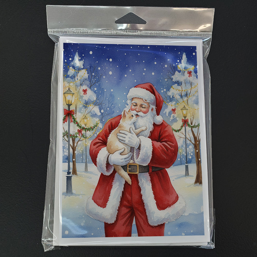 Cream and White Cat with Santa Claus Greeting Cards Pack of 8 Blank Cards with Envelopes Whimsical A7 Size 5x7