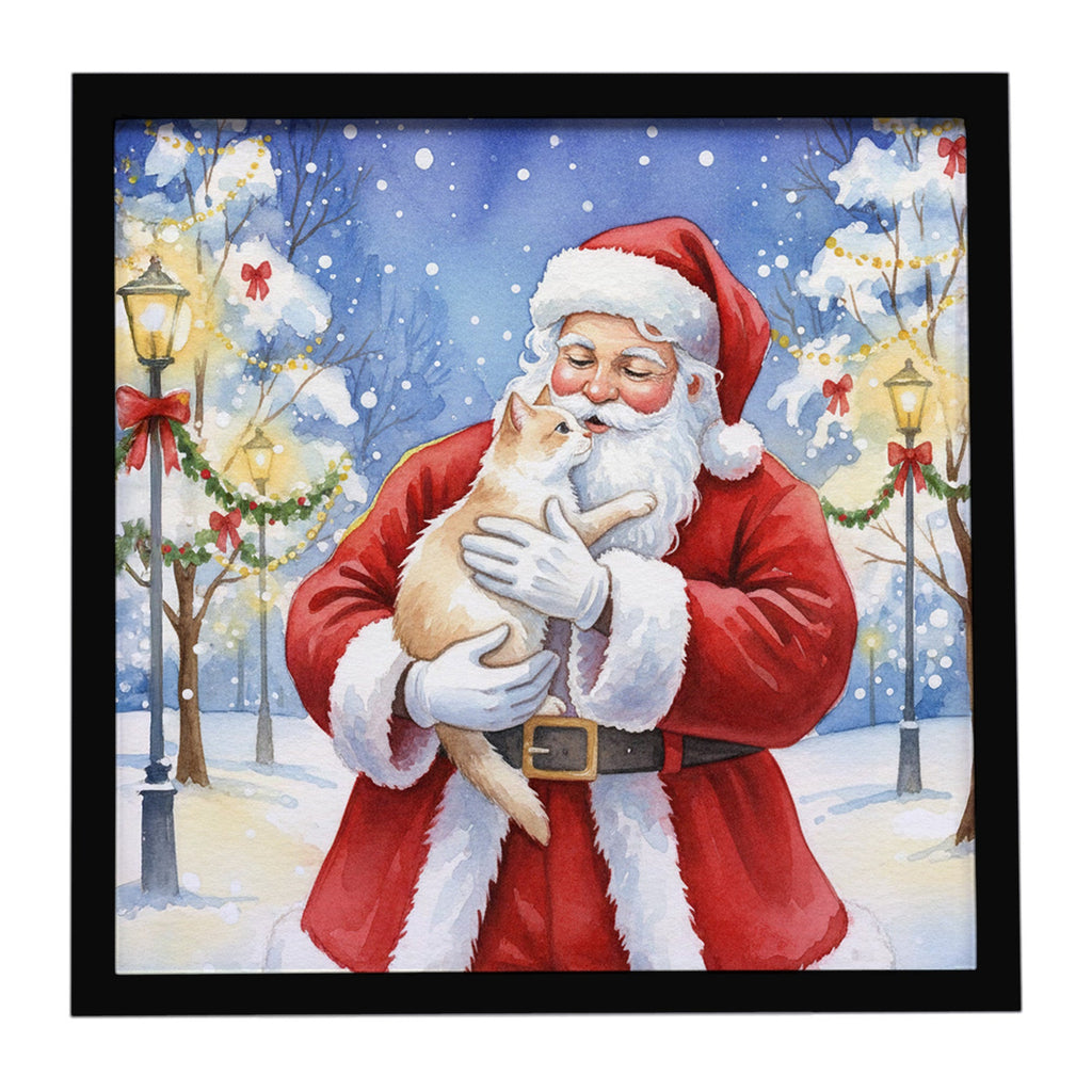 Cream and White Cat with Santa Claus Framed Metal Print Bathroom, Kitchen, Office, Home Decor Wall Art Ready to Hang, Square, 8X8