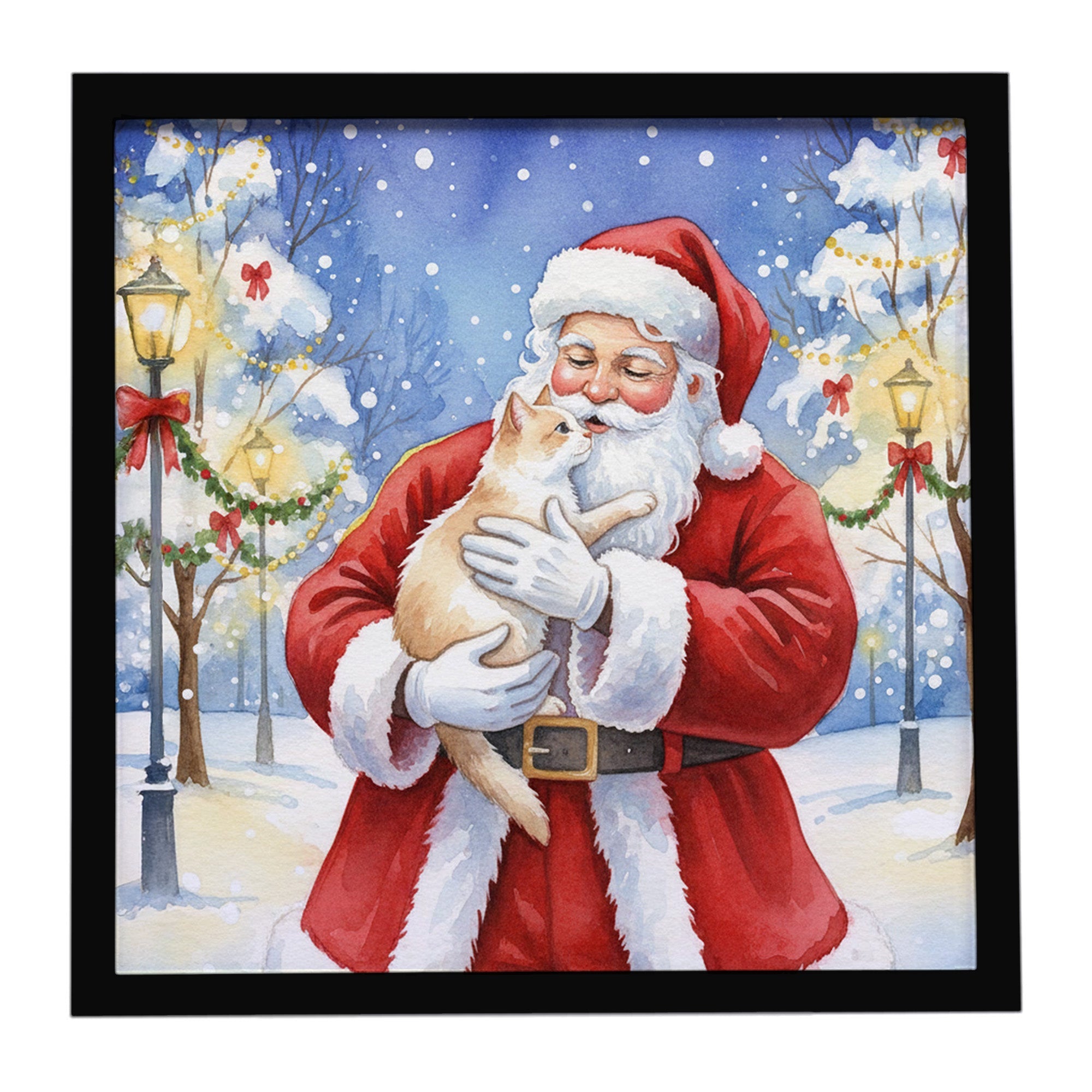 Cream and White Cat with Santa Claus Framed Metal Print Bathroom, Kitchen, Office, Home Decor Wall Art Ready to Hang, Square, 8X8