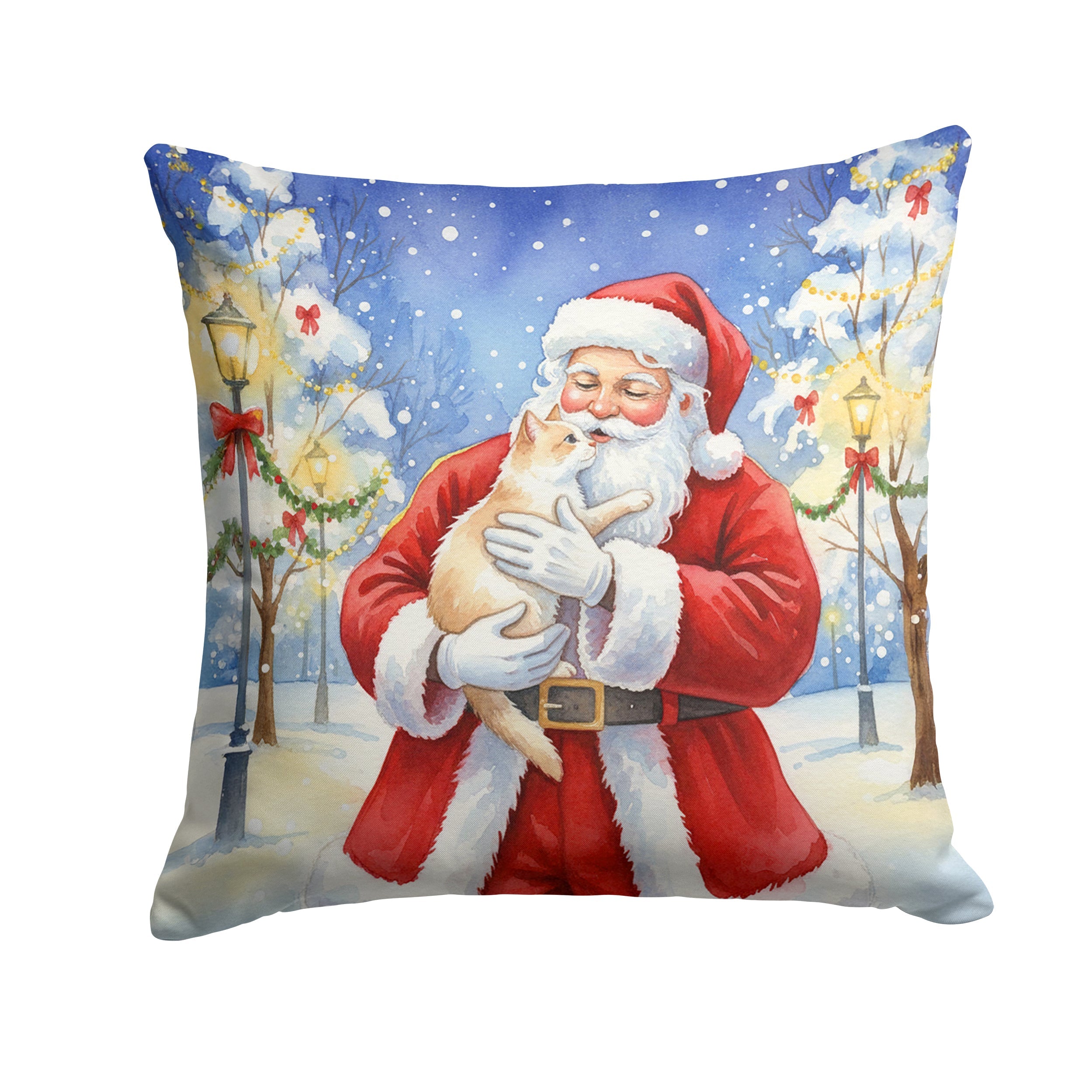 Cream and White Cat with Santa Claus Decorative Throw Pillow 18x18 Indoor Outdoor Accent Cushion, Fabric Cover with Insert for Sofa, Bed, Porch & Living Room