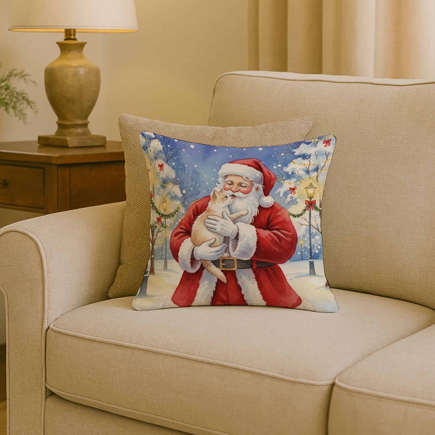 Cream and White Cat with Santa Claus Decorative Throw Pillow 18x18 Indoor Outdoor Accent Cushion, Fabric Cover with Insert for Sofa, Bed, Porch & Living Room