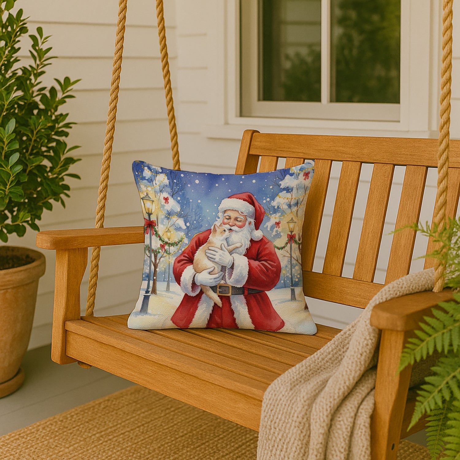 Cream and White Cat with Santa Claus Decorative Throw Pillow 18x18 Indoor Outdoor Accent Cushion, Fabric Cover with Insert for Sofa, Bed, Porch & Living Room