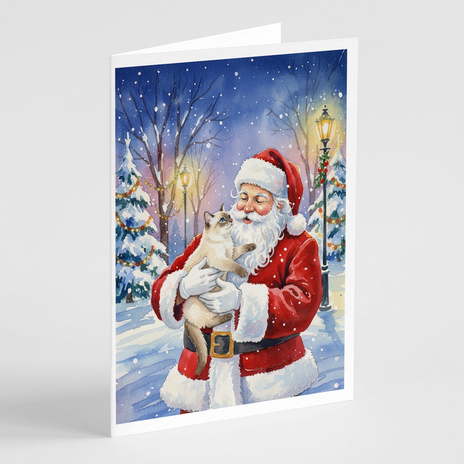 Cream Point Cat with Santa Claus Greeting Cards Pack of 8 Blank Cards with Envelopes Whimsical A7 Size 5x7