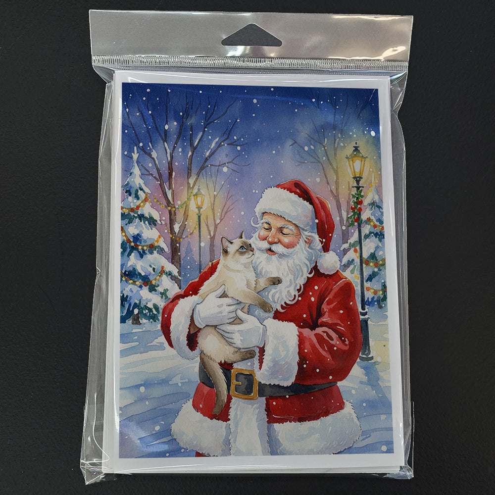 Cream Point Cat with Santa Claus Greeting Cards Pack of 8 Blank Cards with Envelopes Whimsical A7 Size 5x7