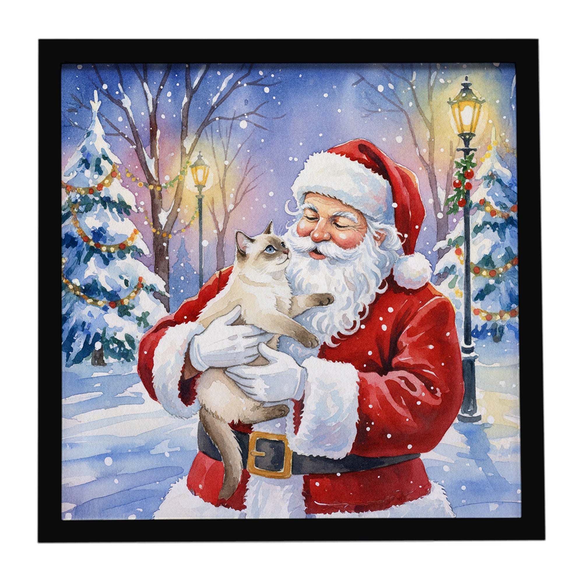 Cream Point Cat with Santa Claus Framed Metal Print Bathroom, Kitchen, Office, Home Decor Wall Art Ready to Hang, Square, 8X8