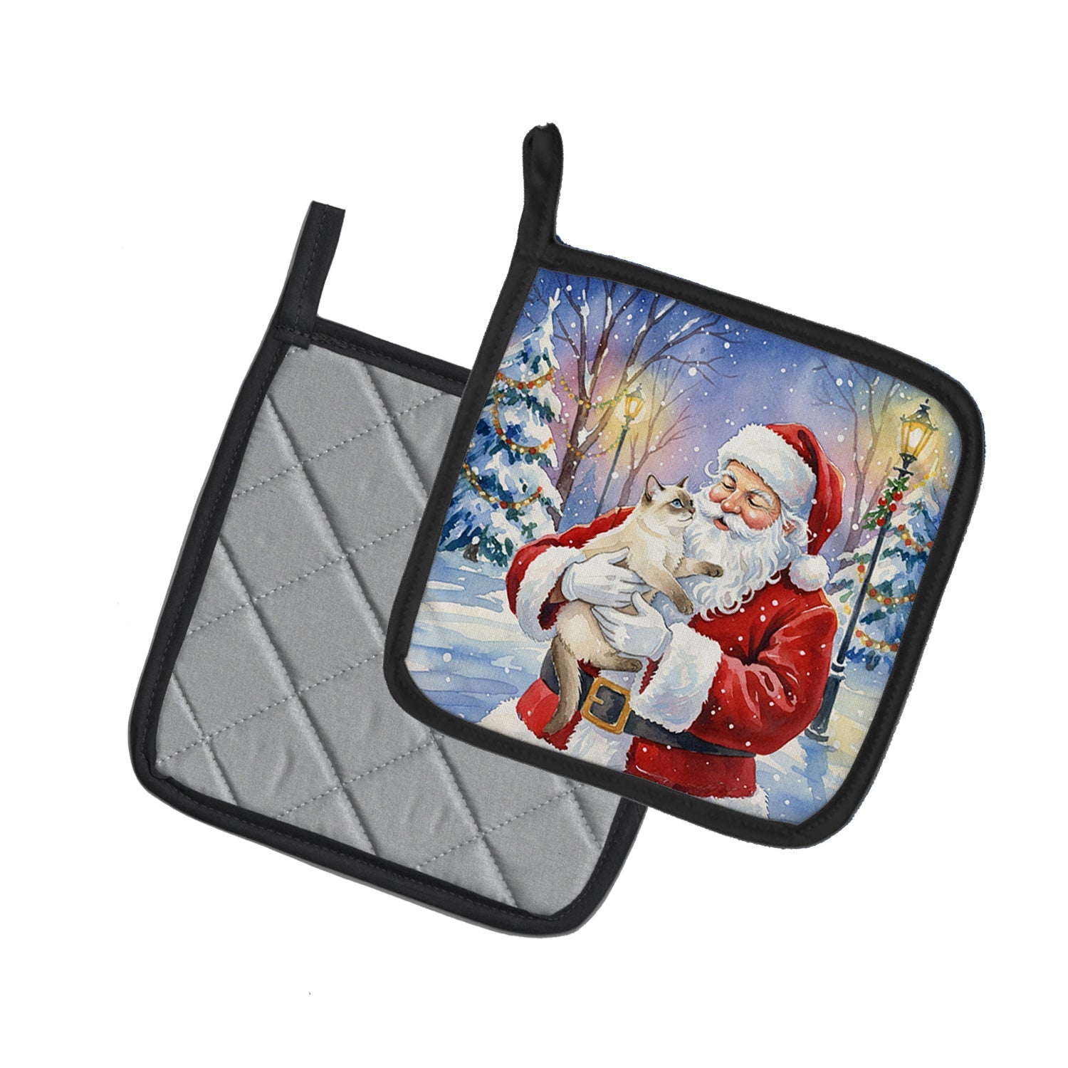 Cream Point Cat with Santa Claus Pot Holder Set of 2 Heat Resistant Quilted Hot Pads 7.5 x 7.5 Inch, Insulated Kitchen Trivets for Cooking & Baking