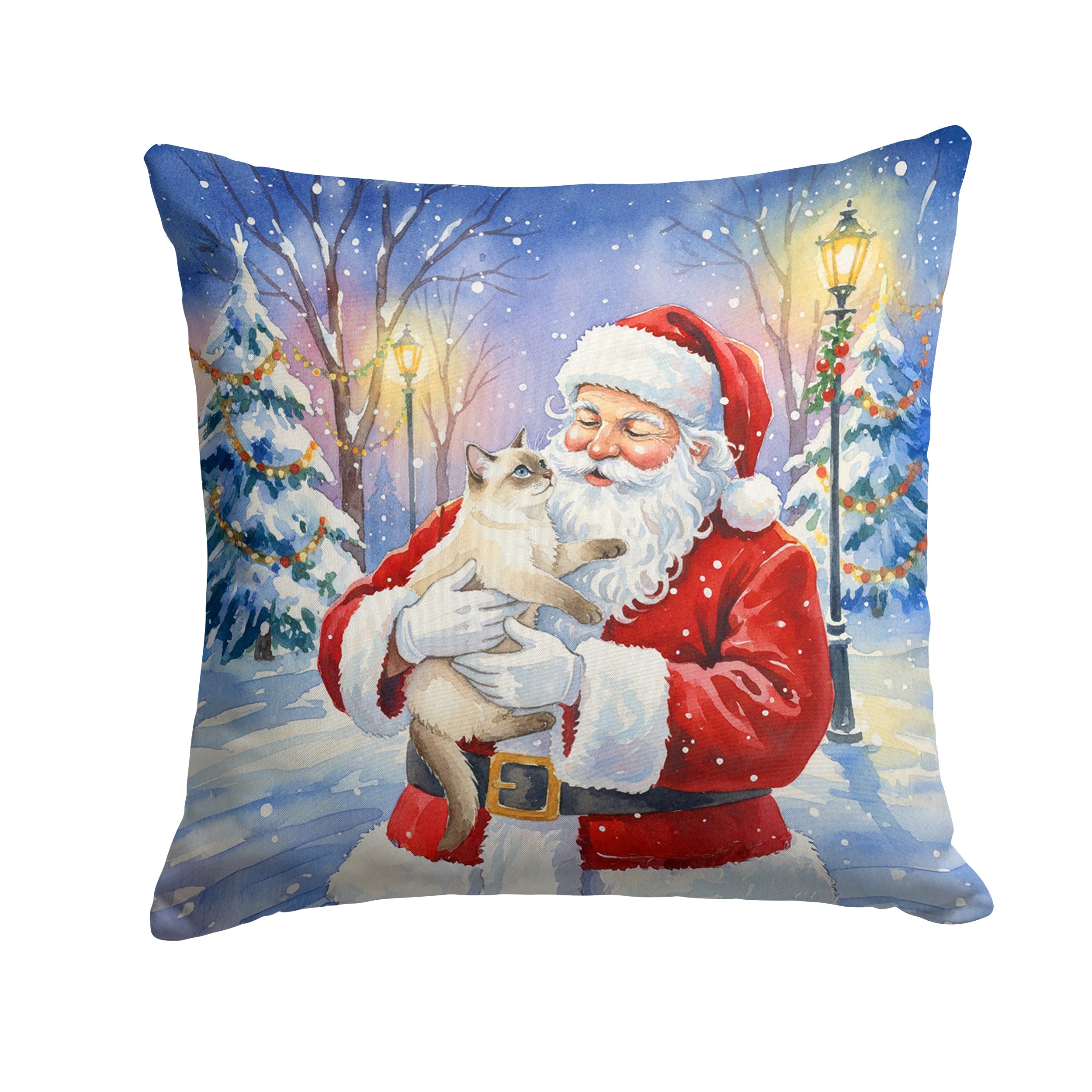 Cream Point Cat with Santa Claus Decorative Throw Pillow 14x14 Indoor Outdoor Accent Cushion, Fabric Cover with Insert for Sofa, Bed, Porch & Living Room