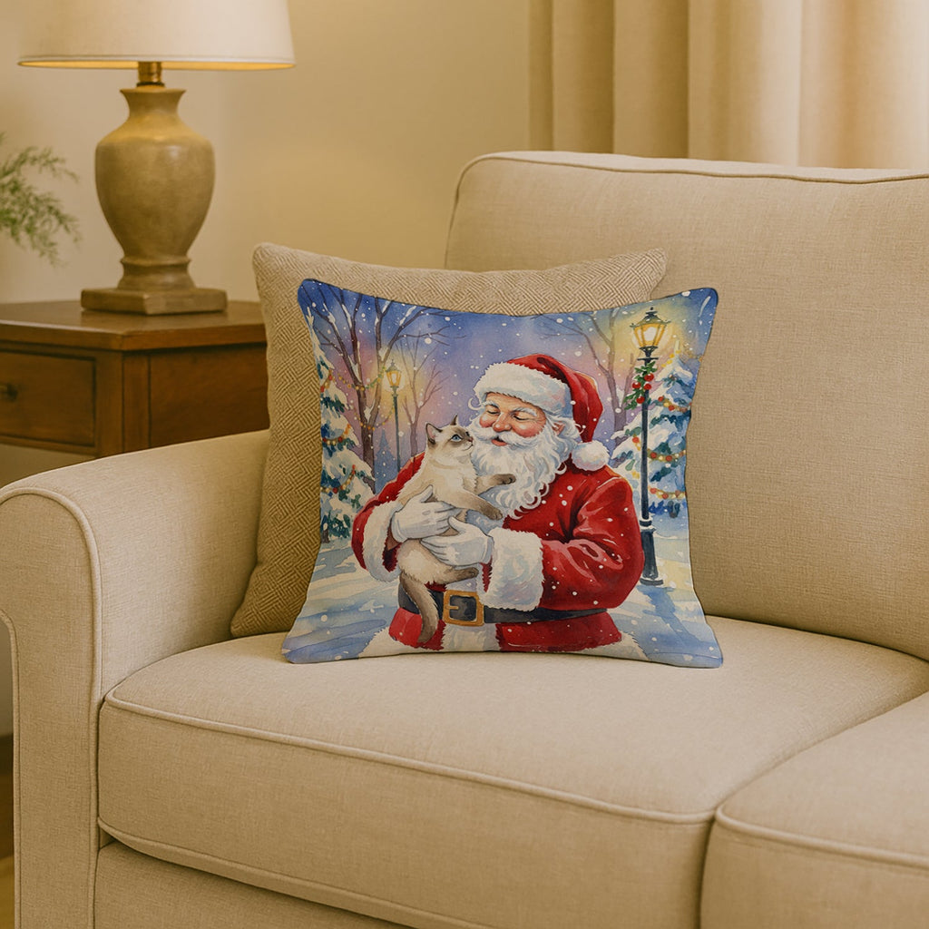 Cream Point Cat with Santa Claus Decorative Throw Pillow 18x18 Indoor Outdoor Accent Cushion, Fabric Cover with Insert for Sofa, Bed, Porch & Living Room