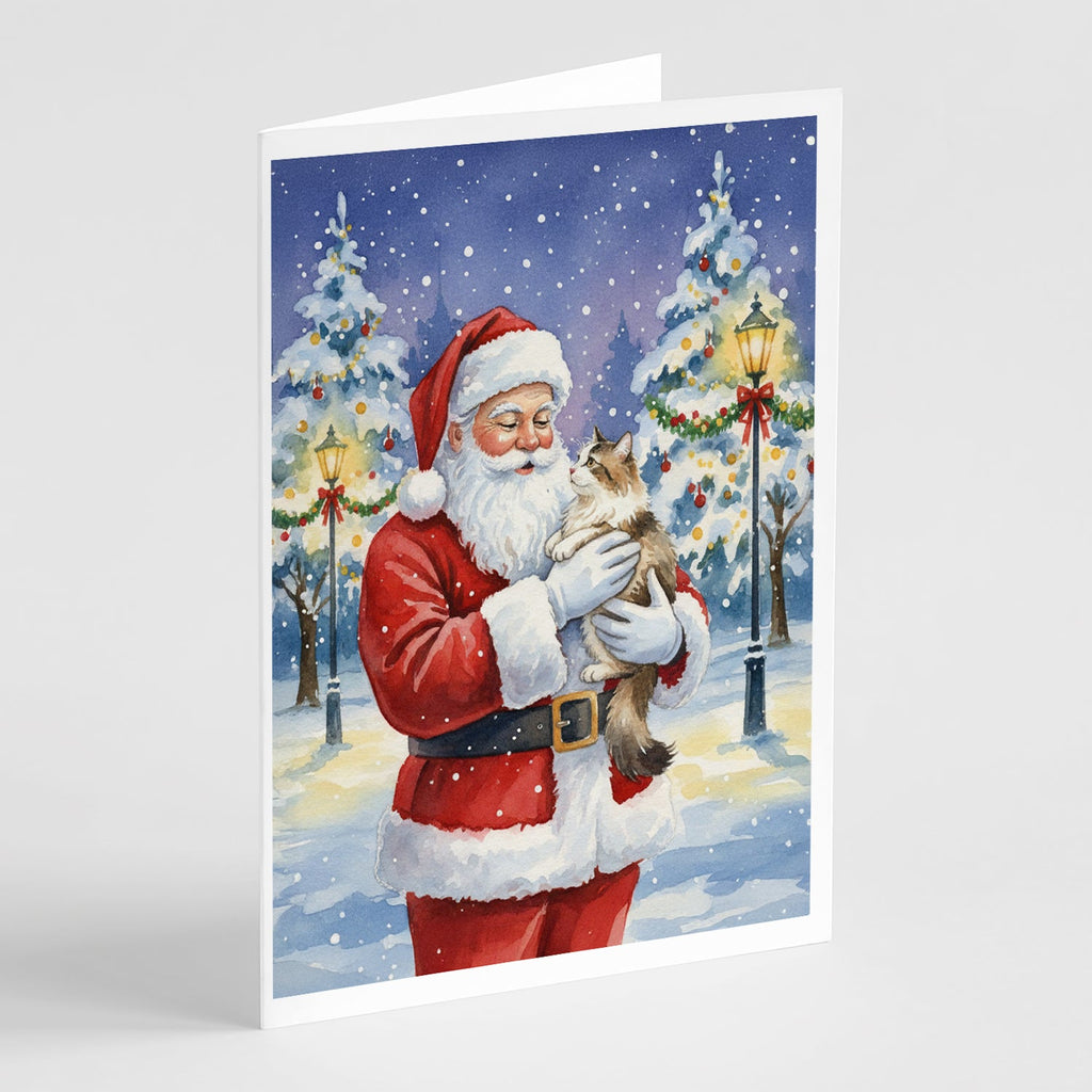 Cymric Cat with Santa Claus Greeting Cards Pack of 8 Blank Cards with Envelopes Whimsical A7 Size 5x7