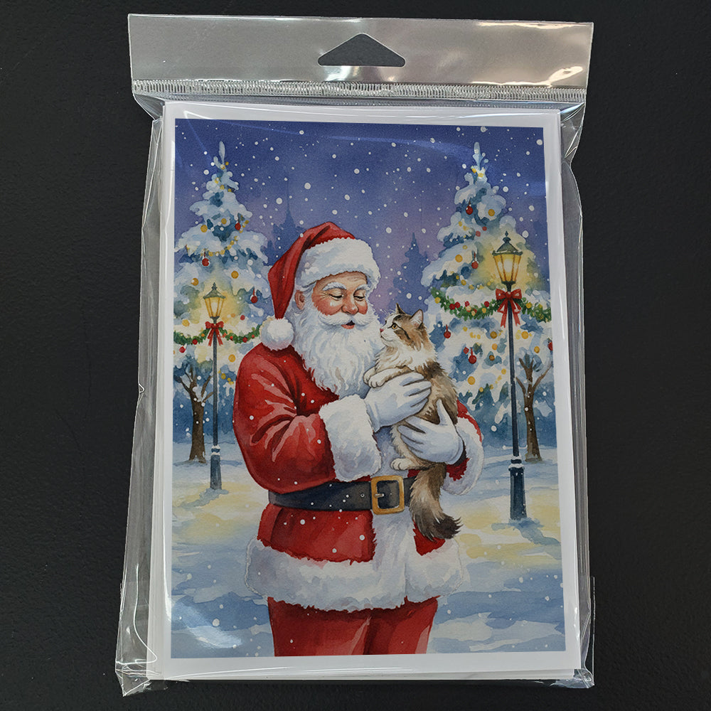 Cymric Cat with Santa Claus Greeting Cards Pack of 8 Blank Cards with Envelopes Whimsical A7 Size 5x7