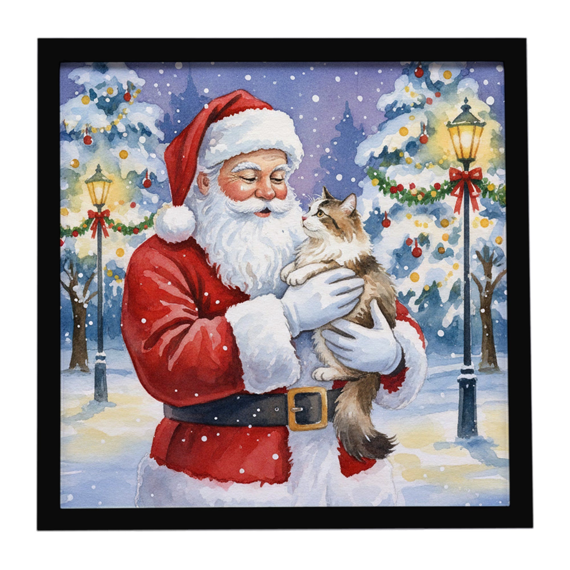 Cymric Cat with Santa Claus Framed Metal Print Bathroom, Kitchen, Office, Home Decor Wall Art Ready to Hang, Square, 8X8