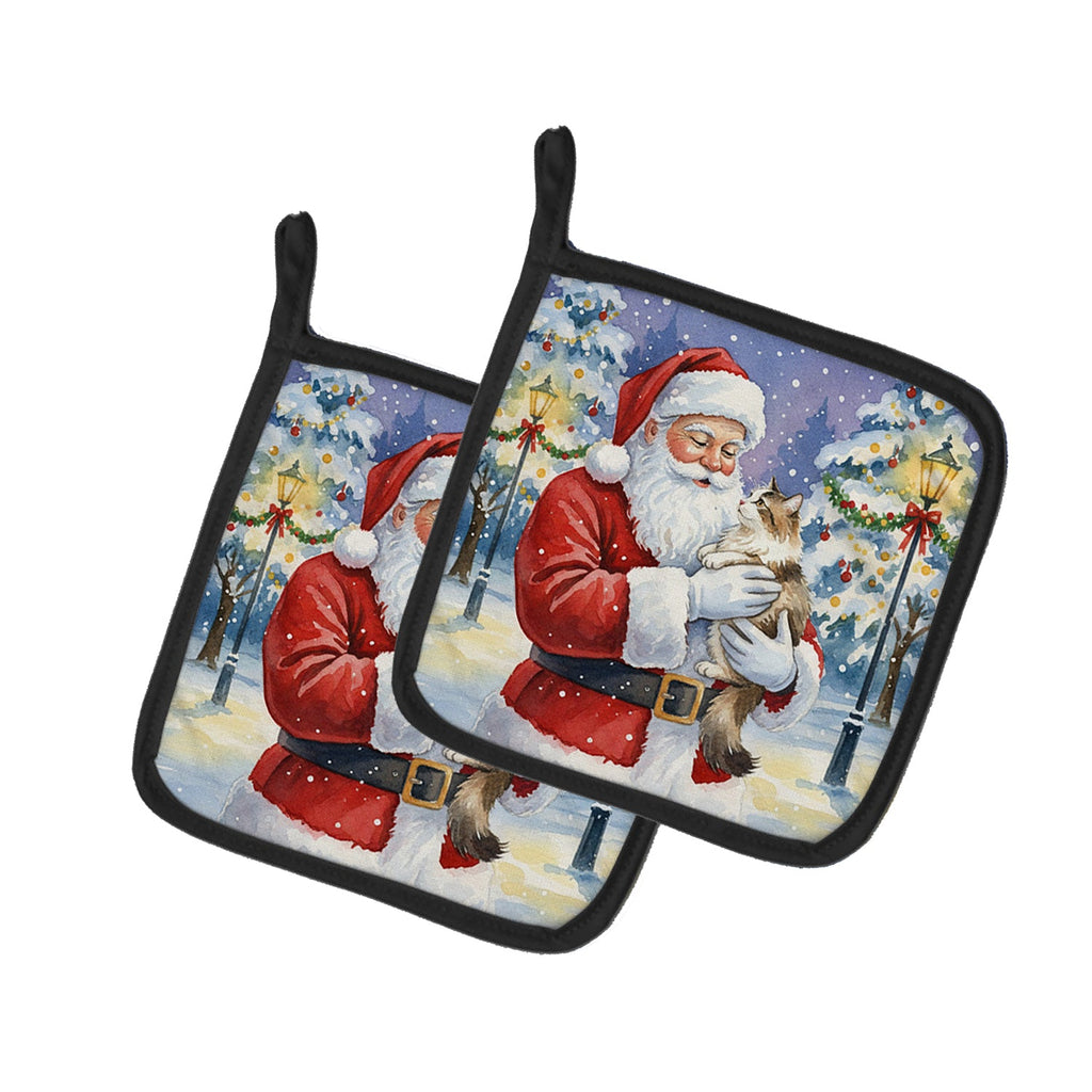 Cymric Cat with Santa Claus Pot Holder Set of 2 Heat Resistant Quilted Hot Pads 7.5 x 7.5 Inch, Insulated Kitchen Trivets for Cooking & Baking