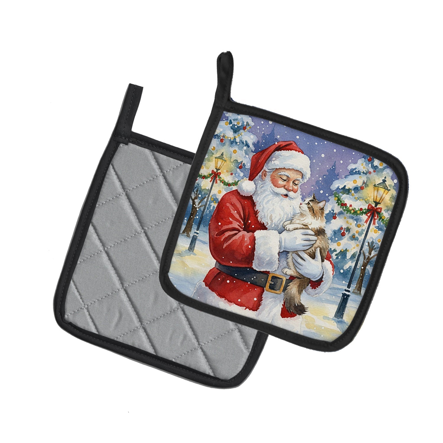 Cymric Cat with Santa Claus Pot Holder Set of 2 Heat Resistant Quilted Hot Pads 7.5 x 7.5 Inch, Insulated Kitchen Trivets for Cooking & Baking