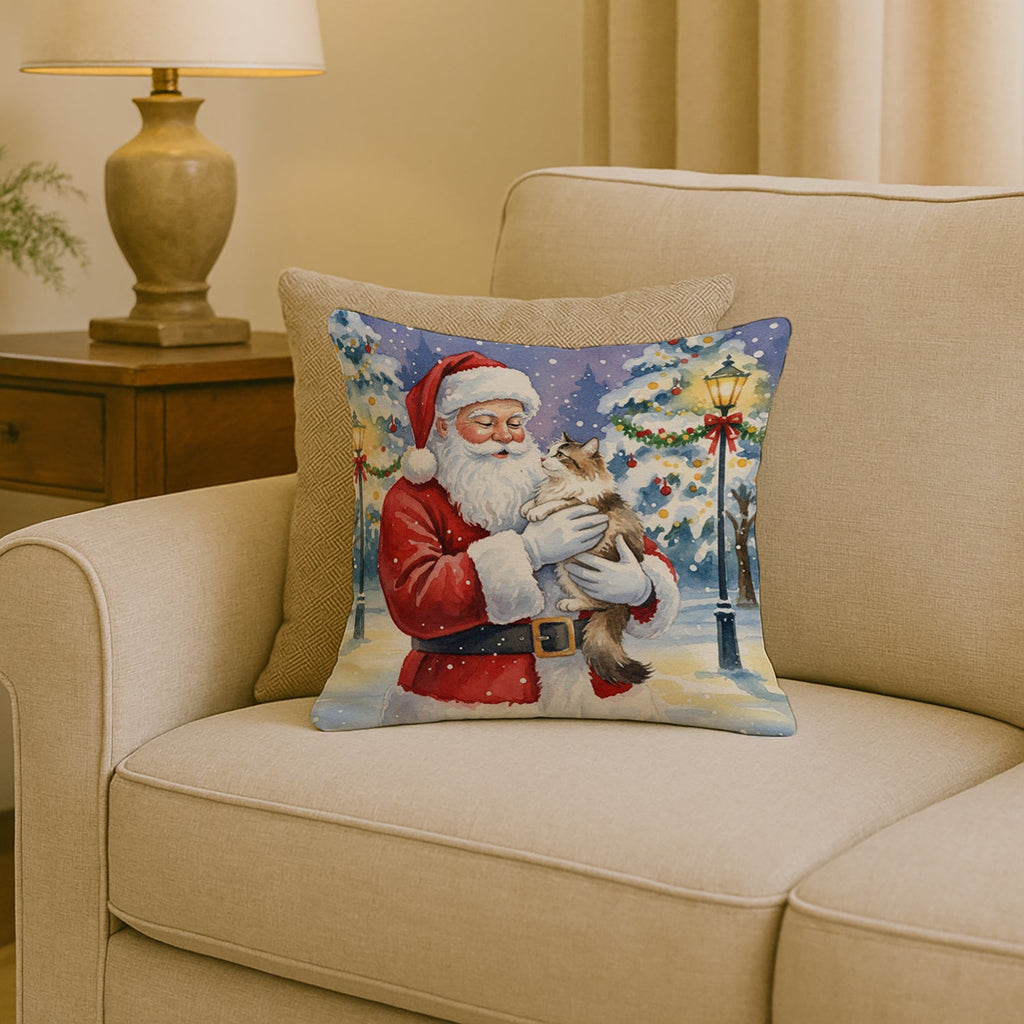 Cymric Cat with Santa Claus Decorative Throw Pillow 18x18 Indoor Outdoor Accent Cushion, Fabric Cover with Insert for Sofa, Bed, Porch & Living Room