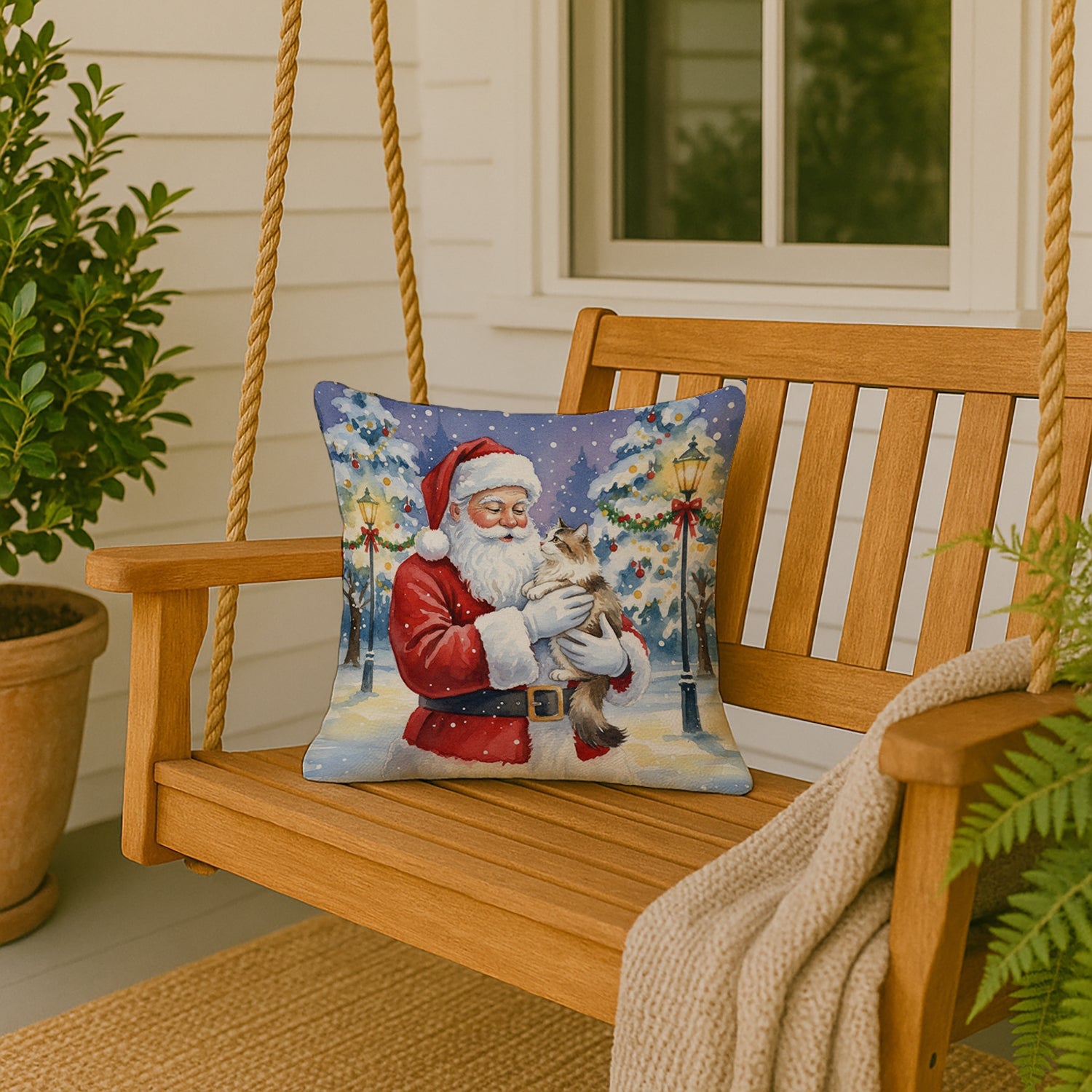 Cymric Cat with Santa Claus Decorative Throw Pillow 18x18 Indoor Outdoor Accent Cushion, Fabric Cover with Insert for Sofa, Bed, Porch & Living Room